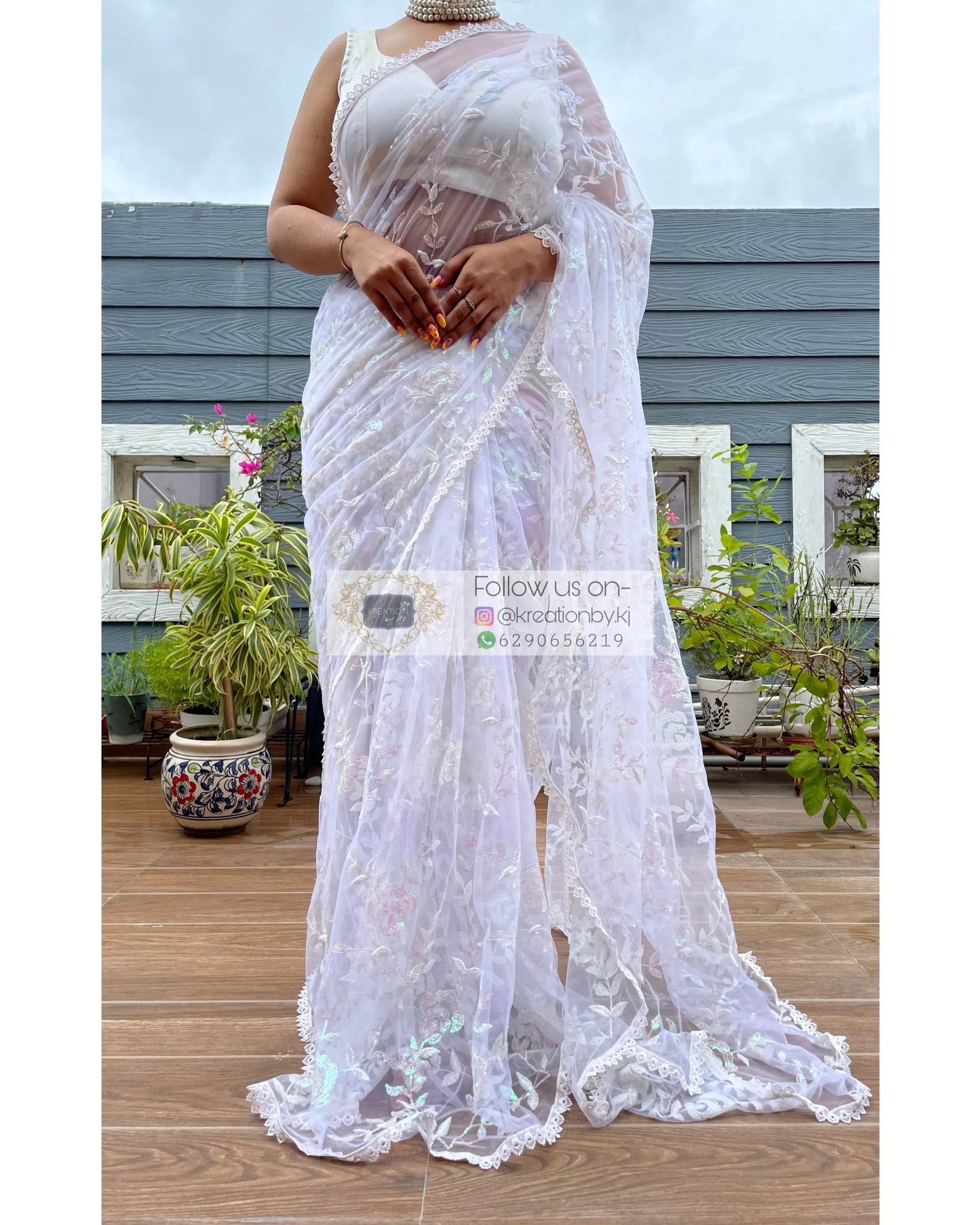 White Bahar e Gul Net Saree kreationbykj