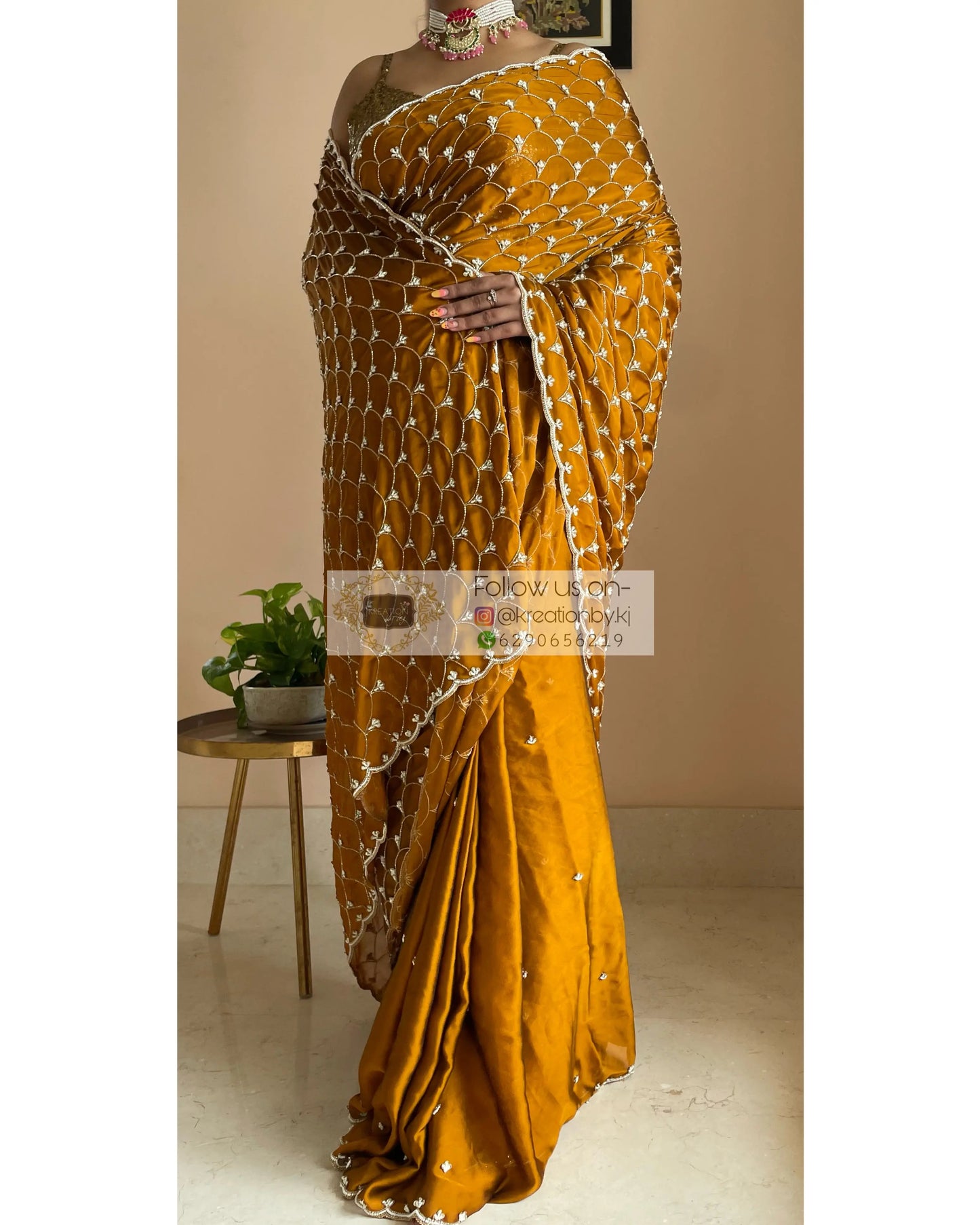 Mustard Golden Cutdana Mehraab Jaal Saree for Haldi kreationbykj