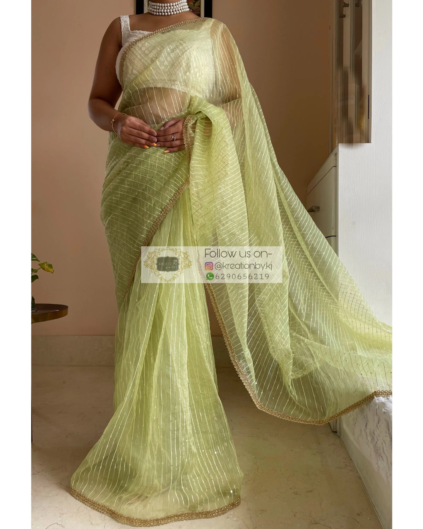 Green Organza Saree with Stripes kreationbykj