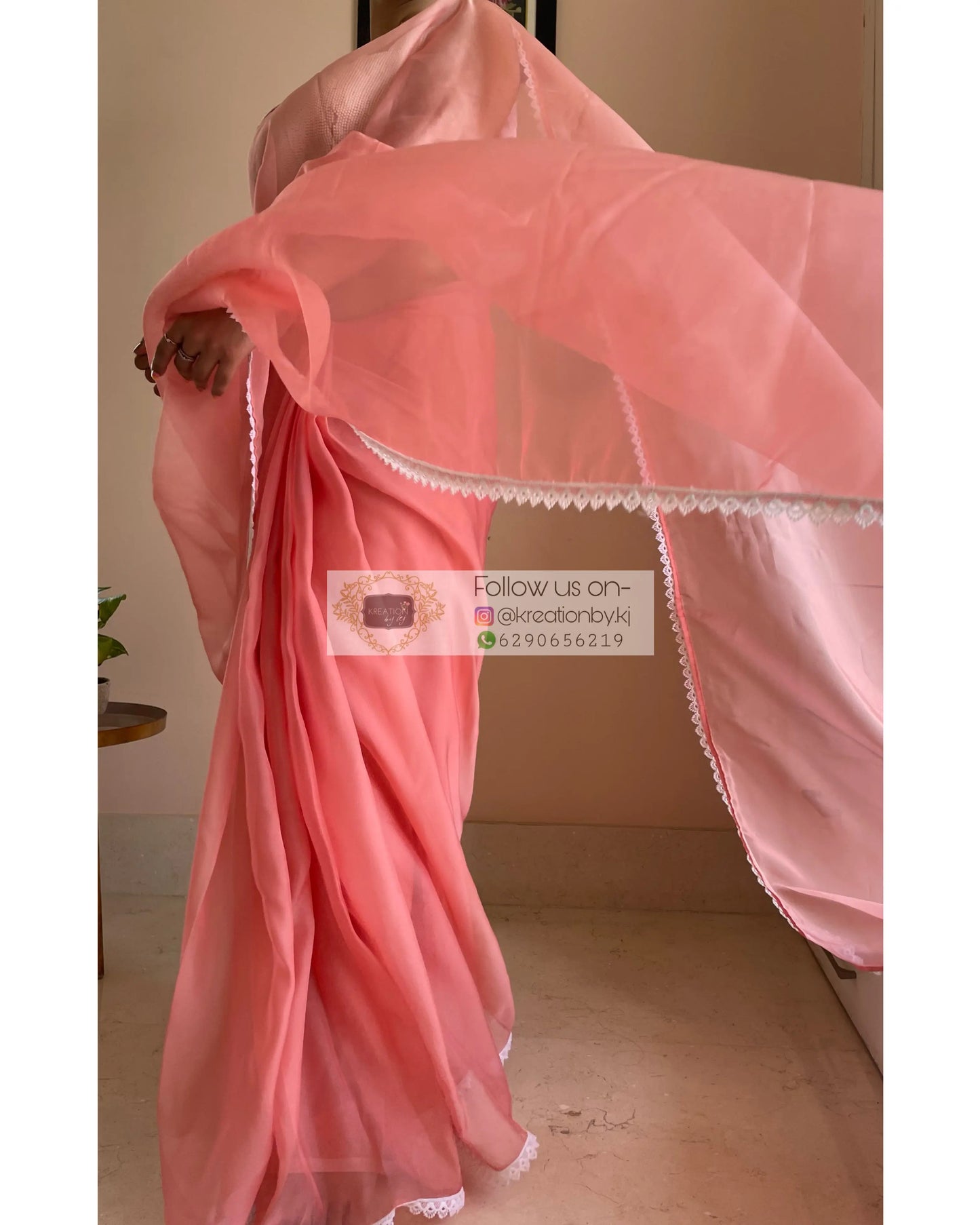 Peach Organza Saree with Pearl Blouse Piece kreationbykj