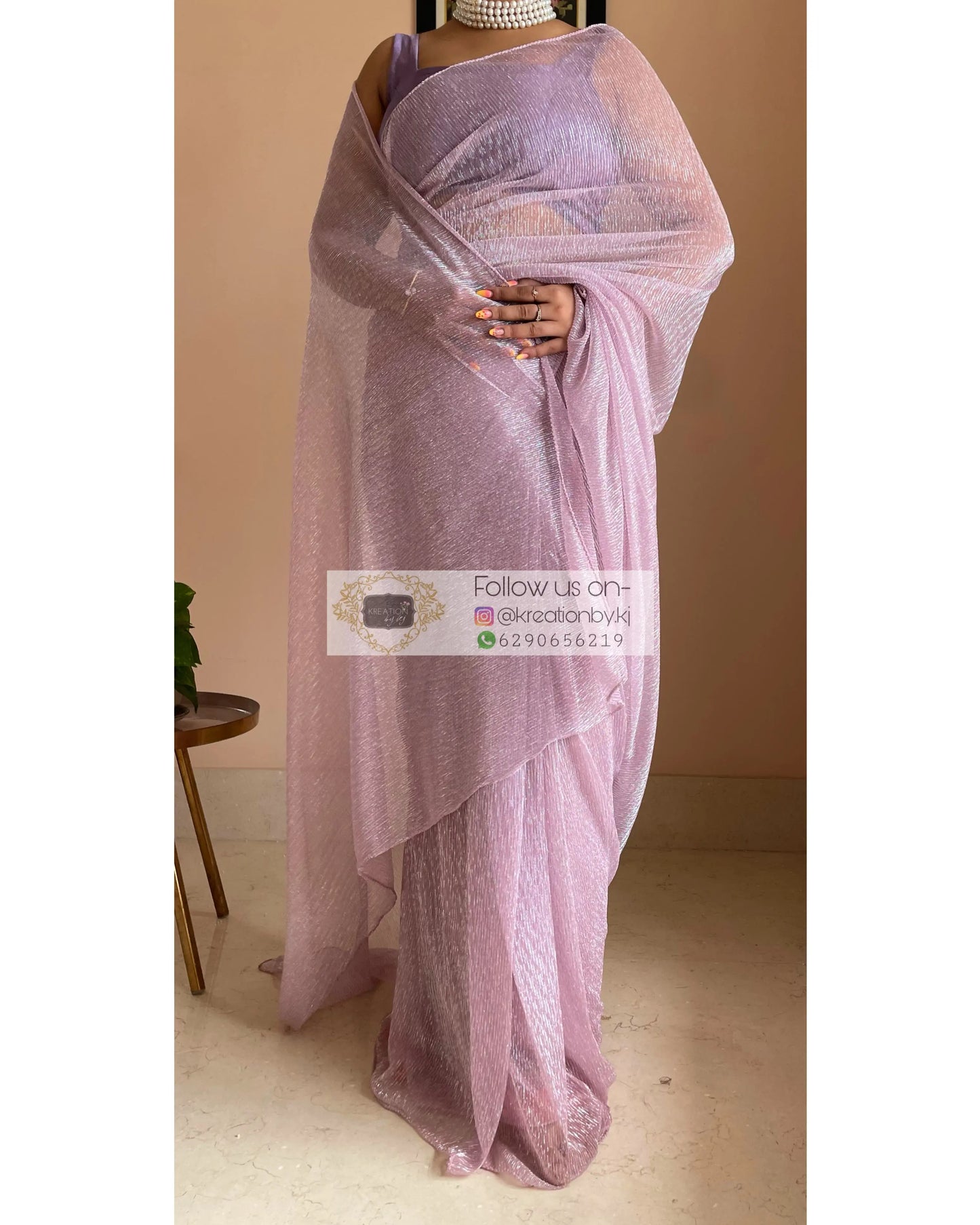 Lilac Shimmer Pleated Net Saree For Romantic Date kreationbykj