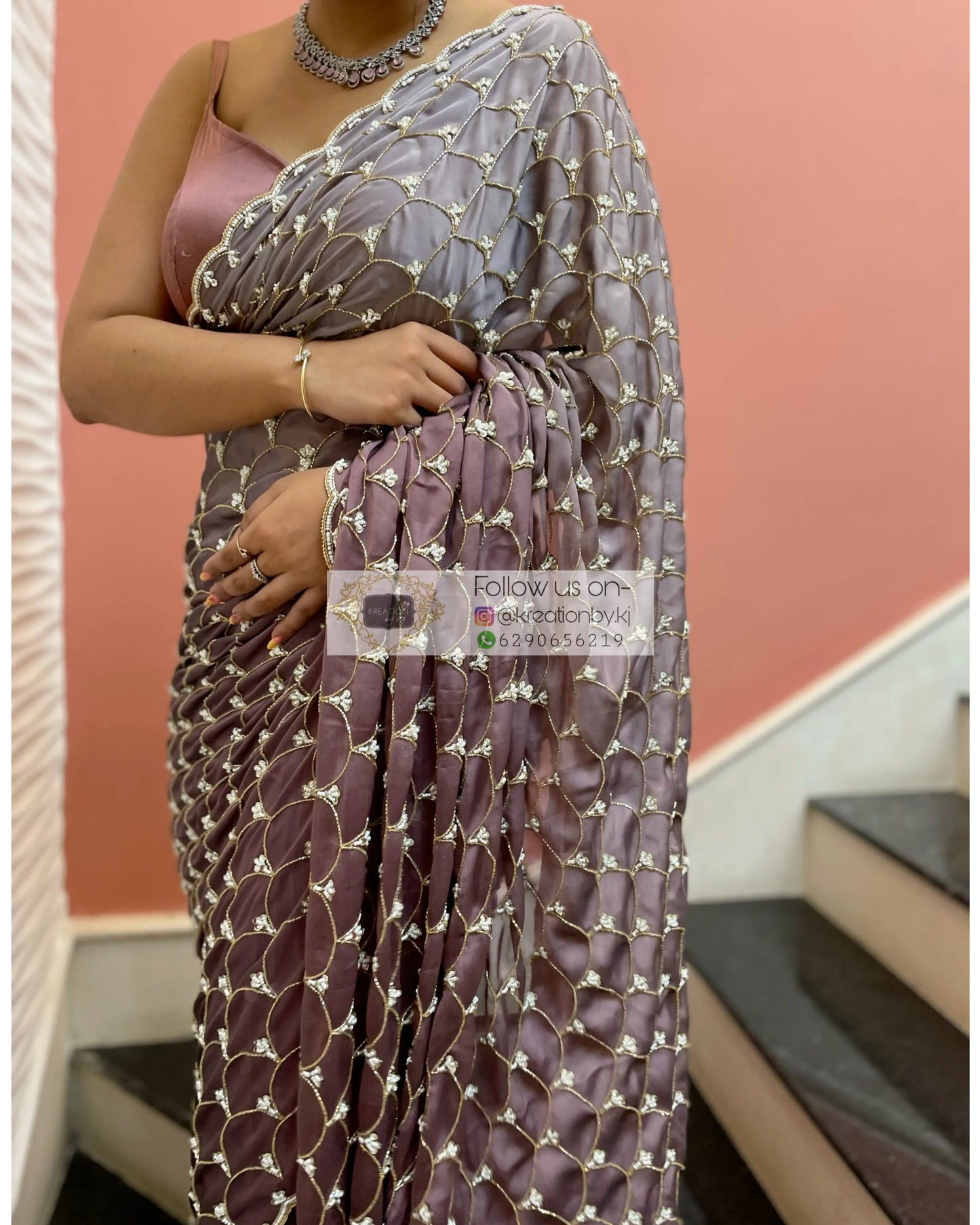 Grey- Mauve Ombré Cutdana Mehraab Jaal Cocktail Saree kreationbykj