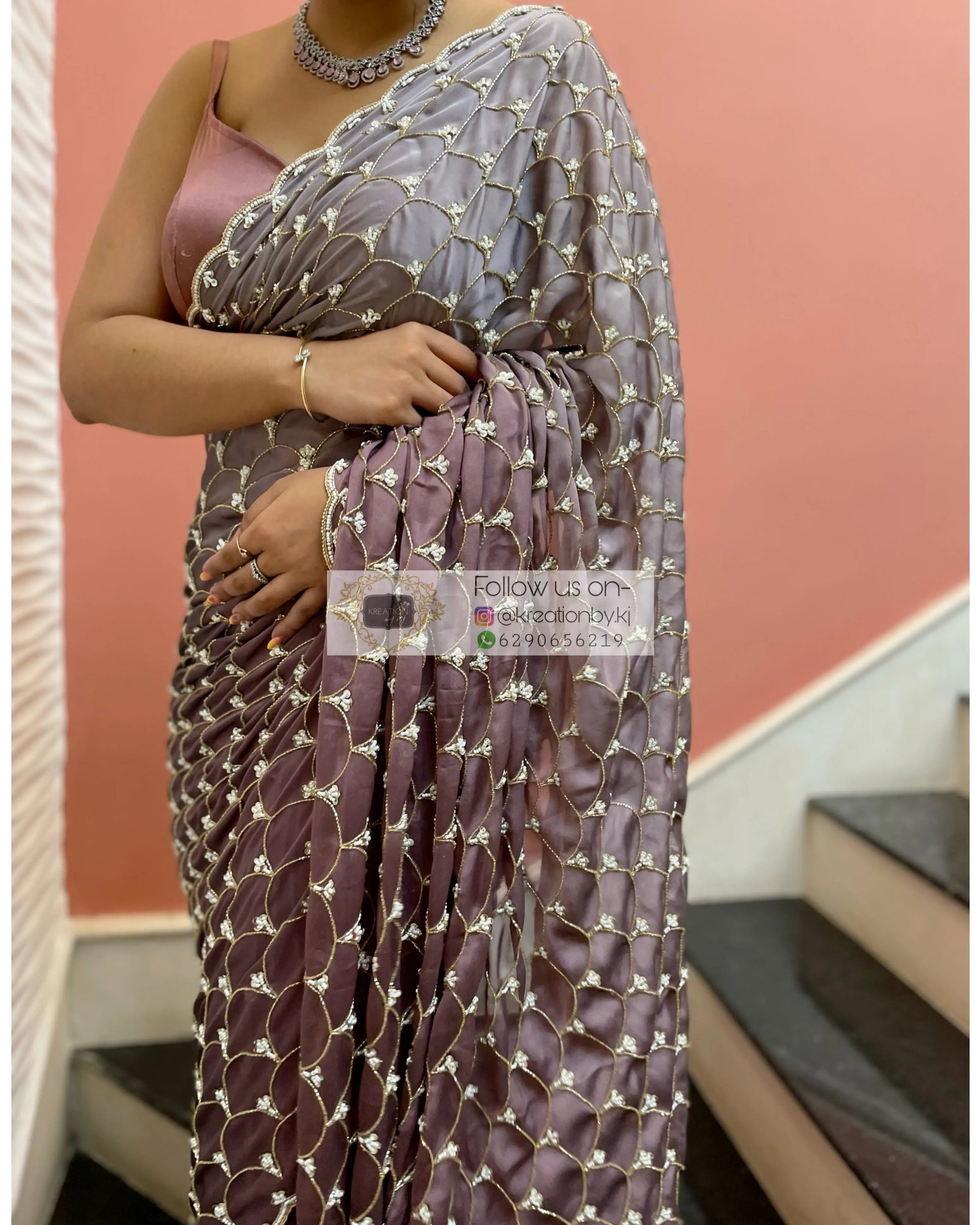 Grey- Mauve Ombré Cutdana Mehraab Jaal Cocktail Saree kreationbykj