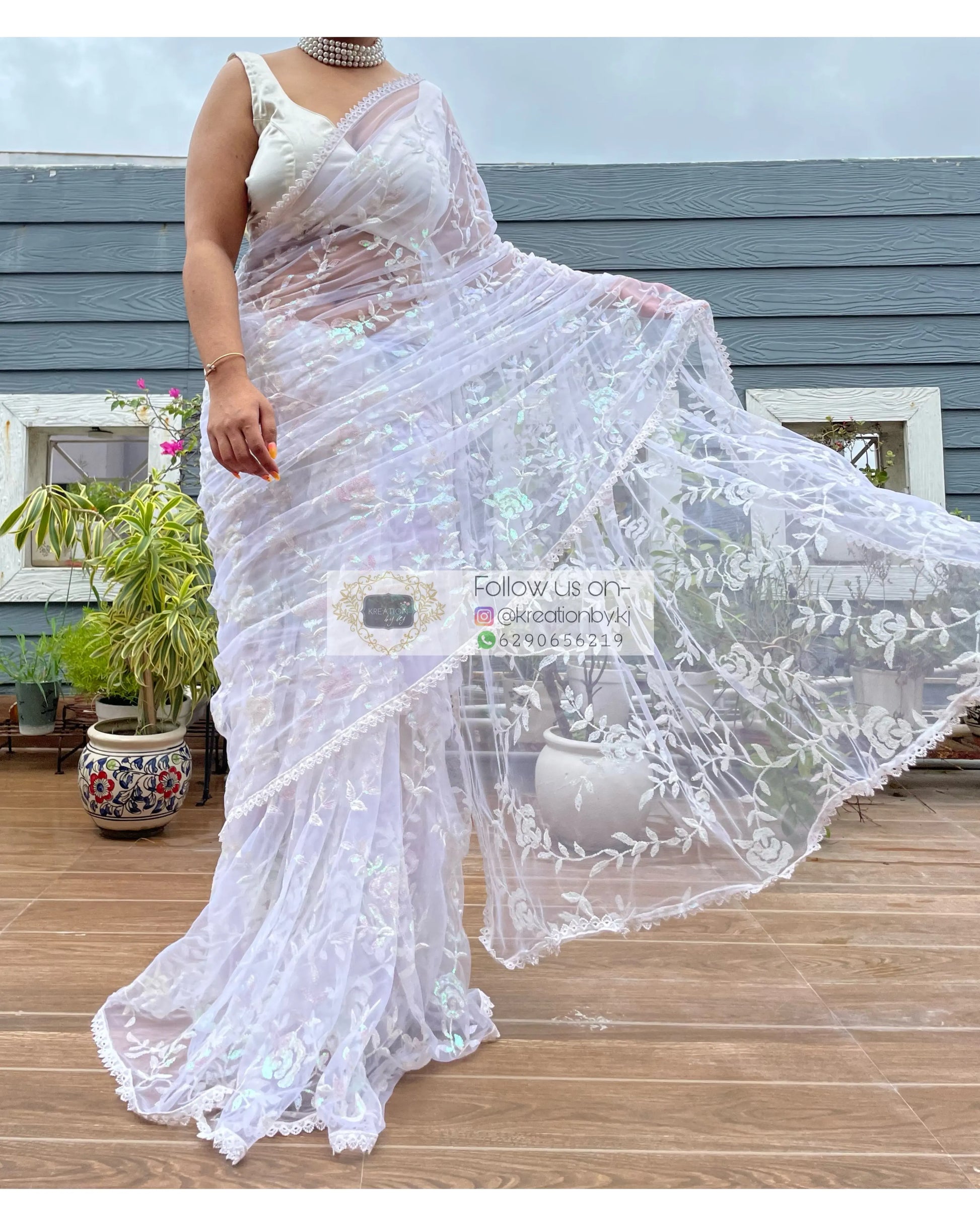 White Bahar e Gul Net Saree kreationbykj