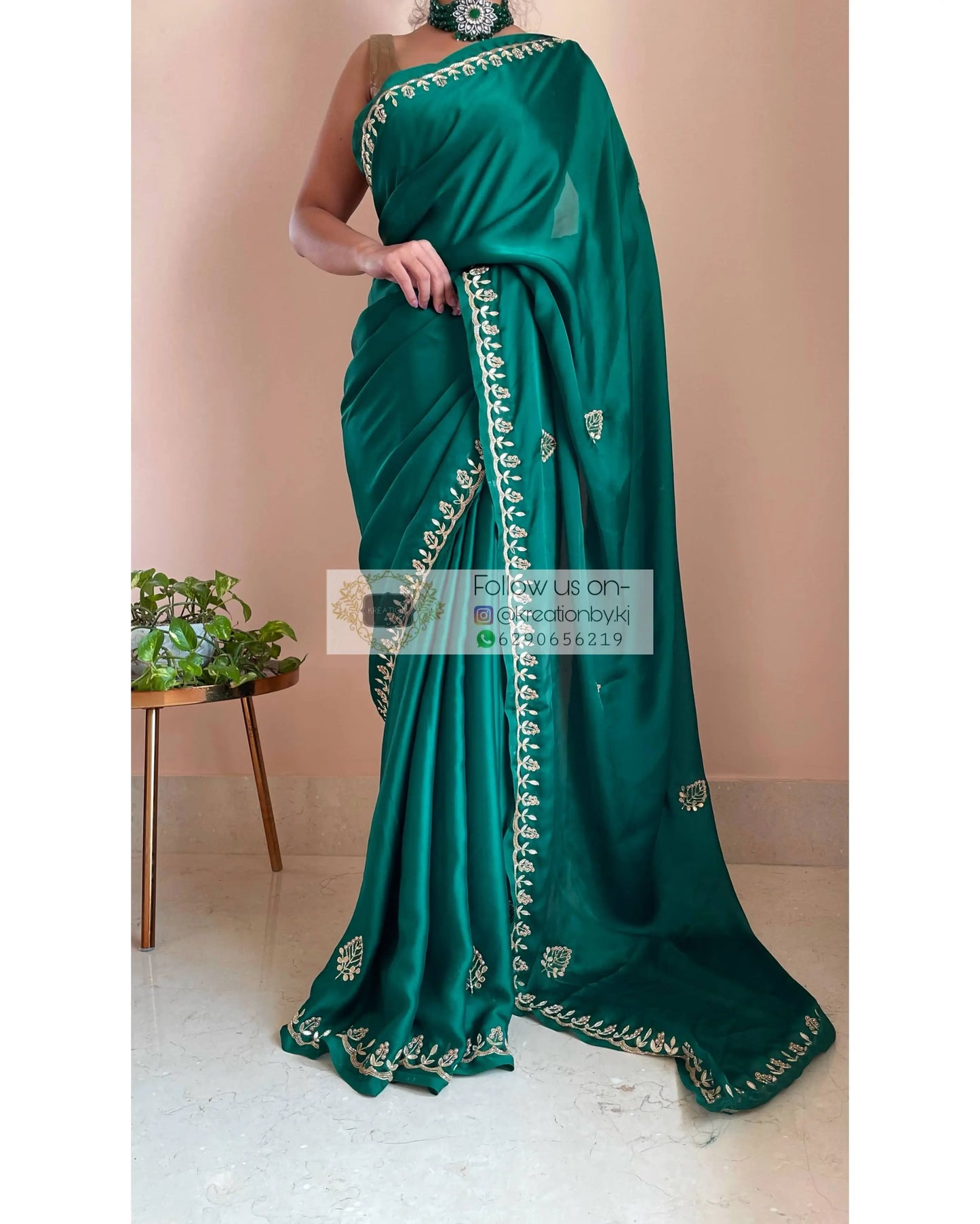 Green Satin Silk Saree with Gota Patti Border