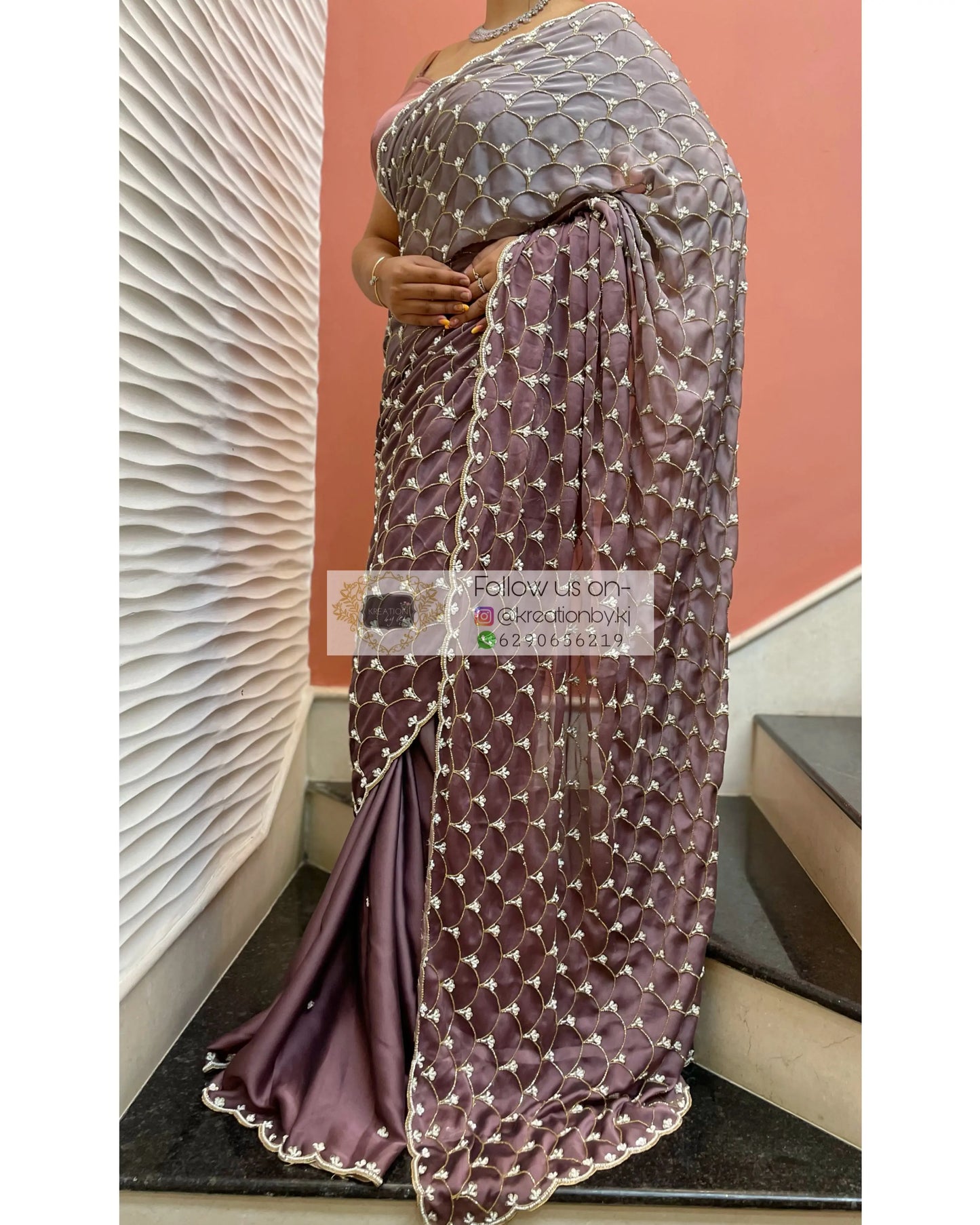Grey- Mauve Ombré Cutdana Mehraab Jaal Cocktail Saree kreationbykj
