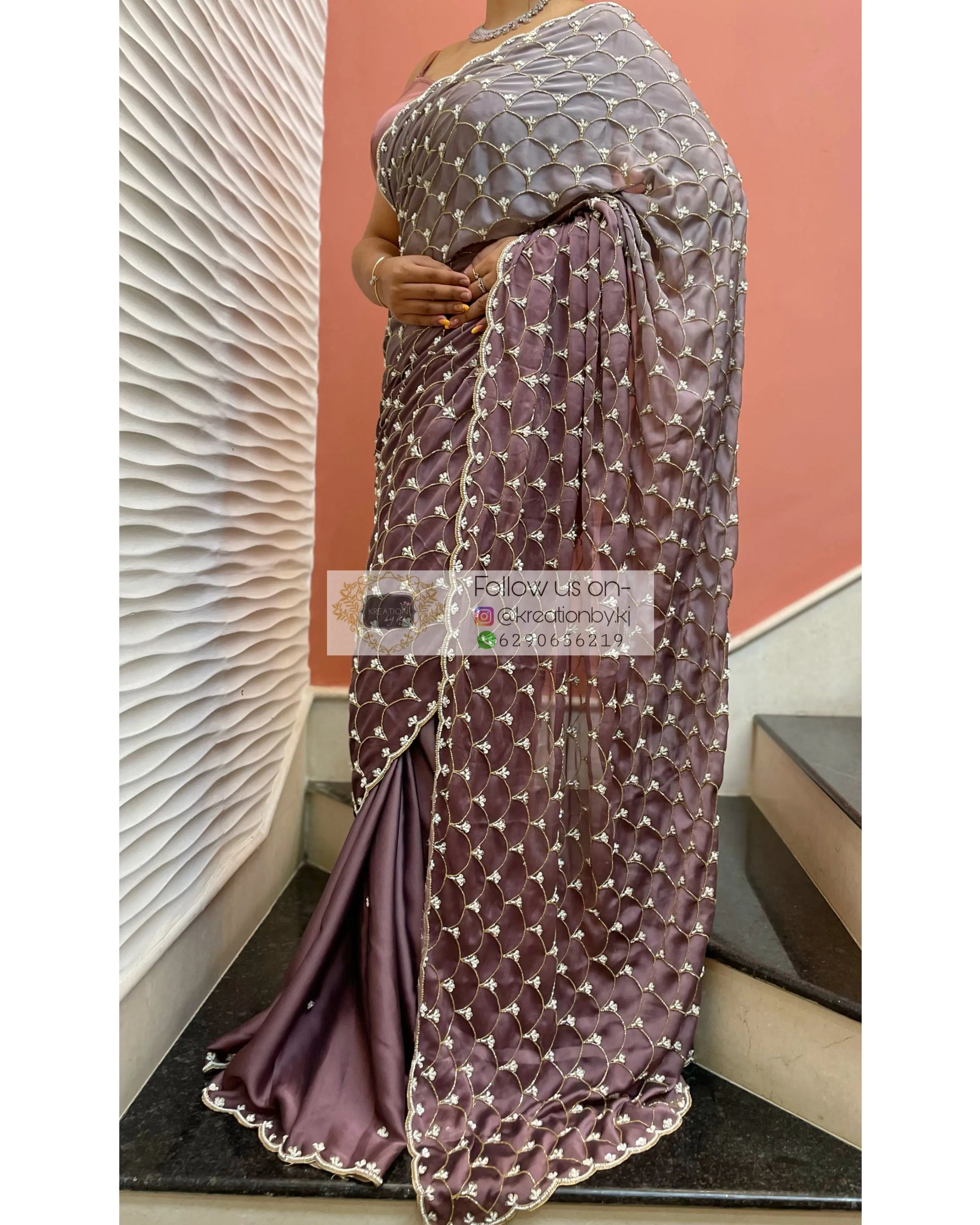 Grey- Mauve Ombré Cutdana Mehraab Jaal Cocktail Saree kreationbykj