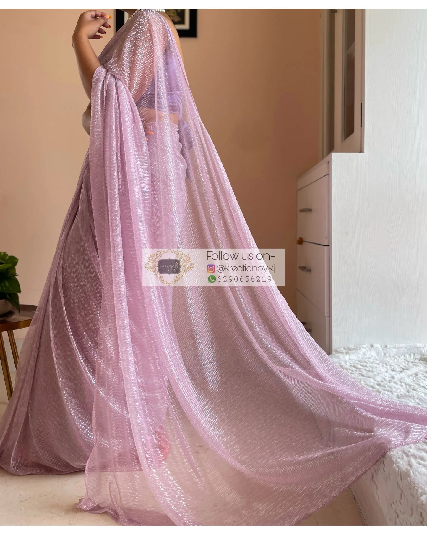 Lilac Shimmer Pleated Net Saree For Romantic Date kreationbykj