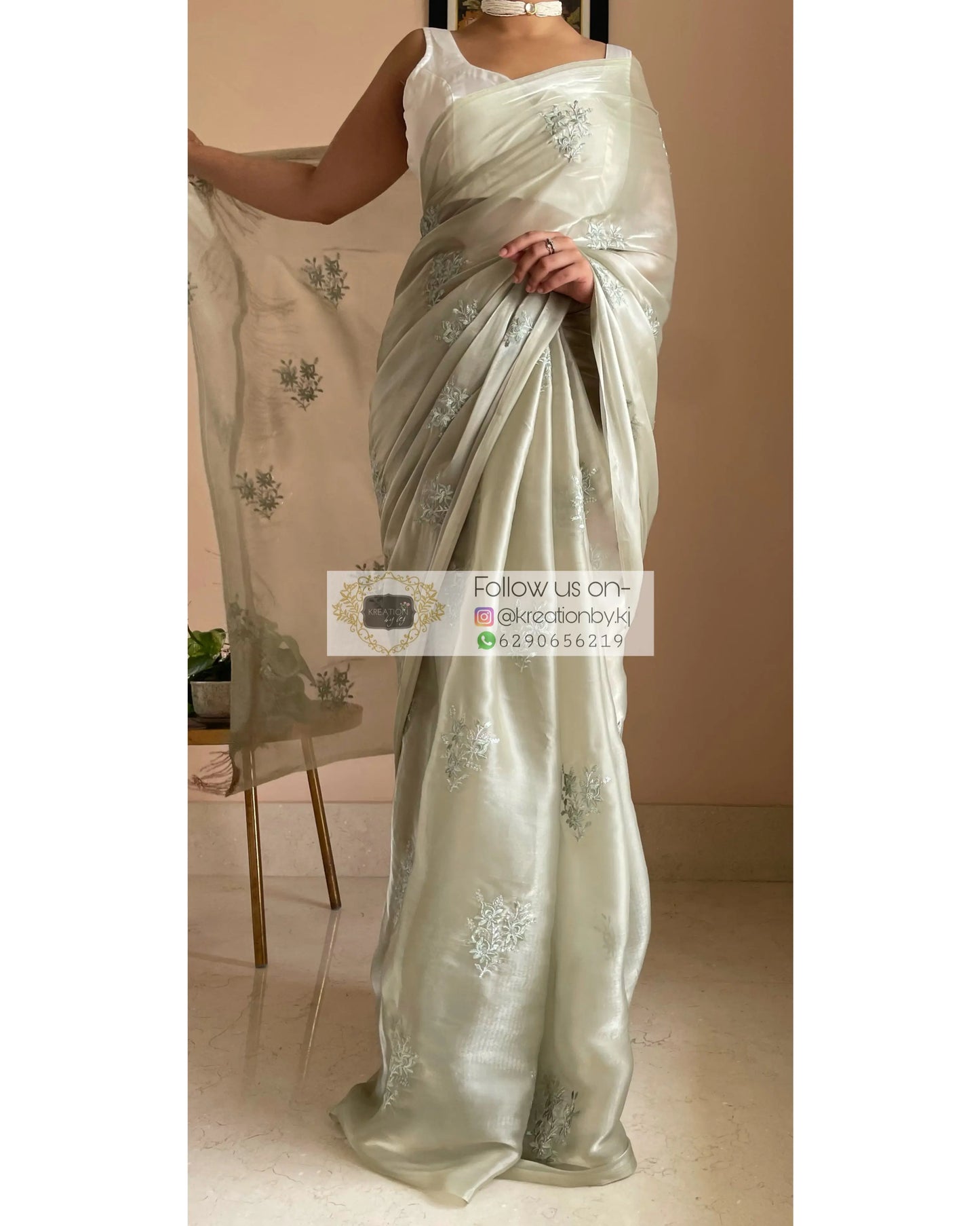 Ash Green Glass Organza Saree with Embroidery kreationbykj