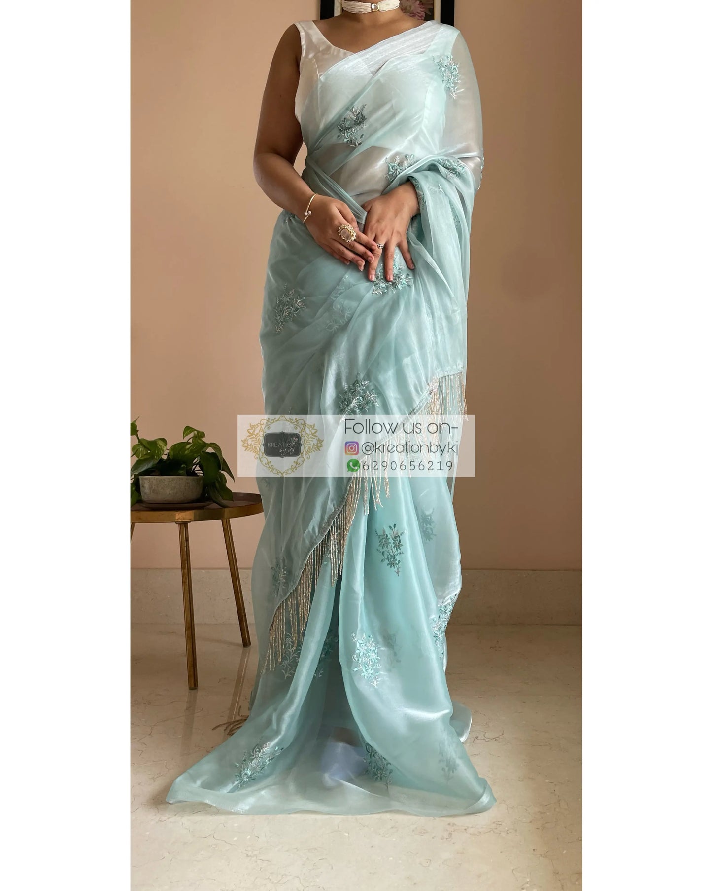 Blue Glass Organza Saree with Embroidery kreationbykj