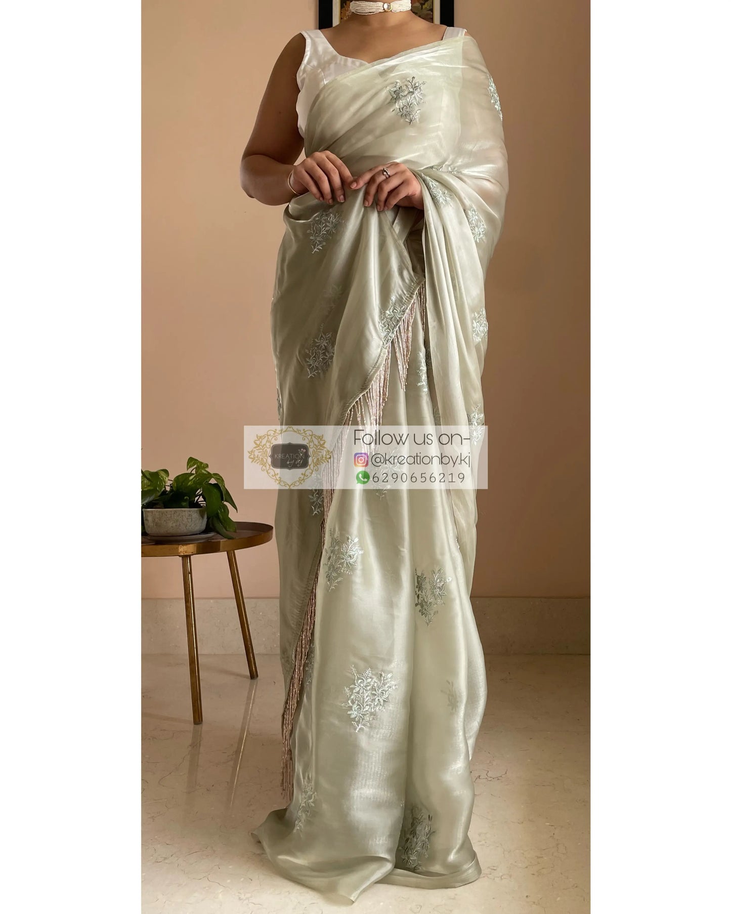 Ash Green Glass Organza Saree with Embroidery kreationbykj