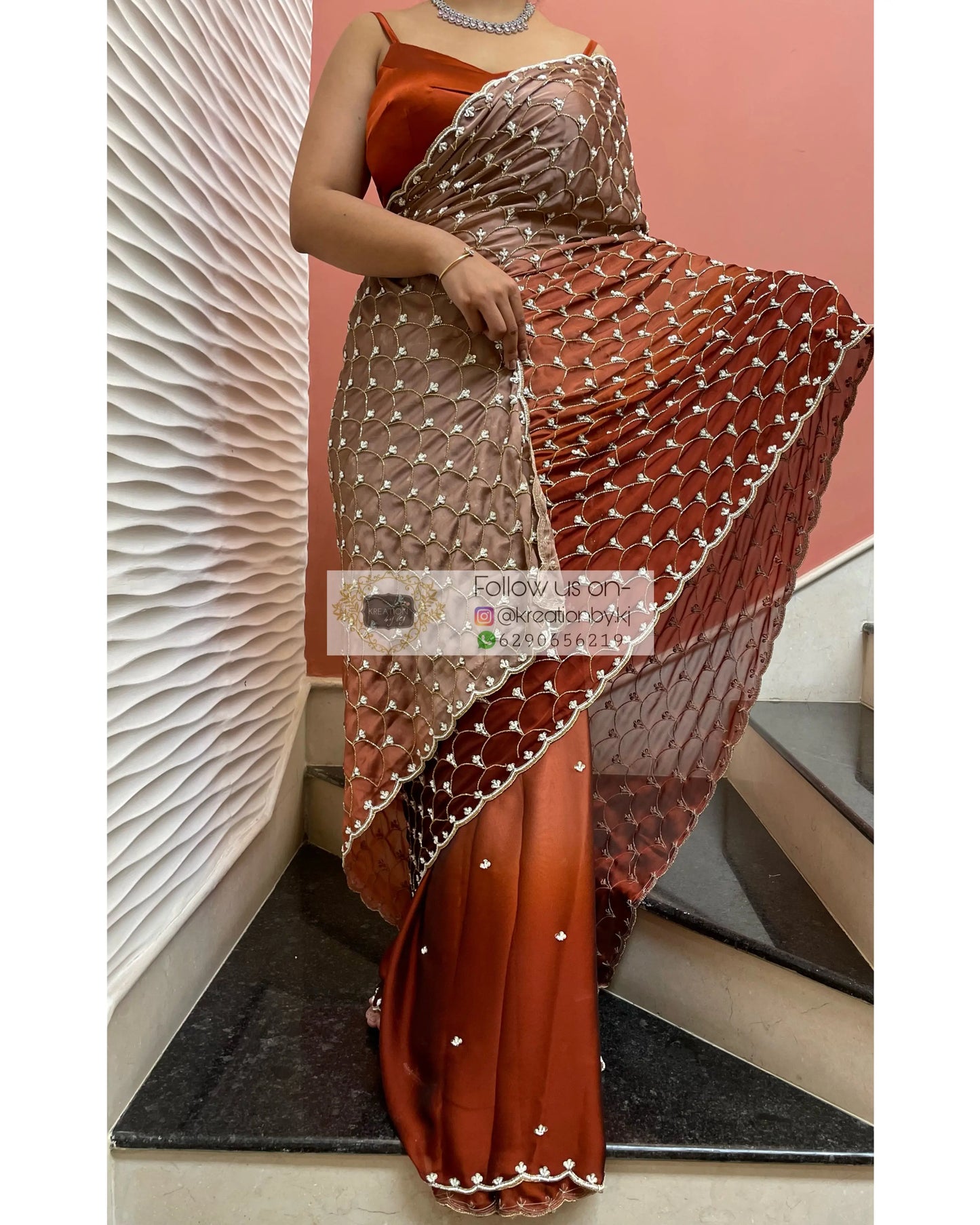 Espresso Martini Ombré Cutdana Mehraab Jaal  Designer Saree kreationbykj