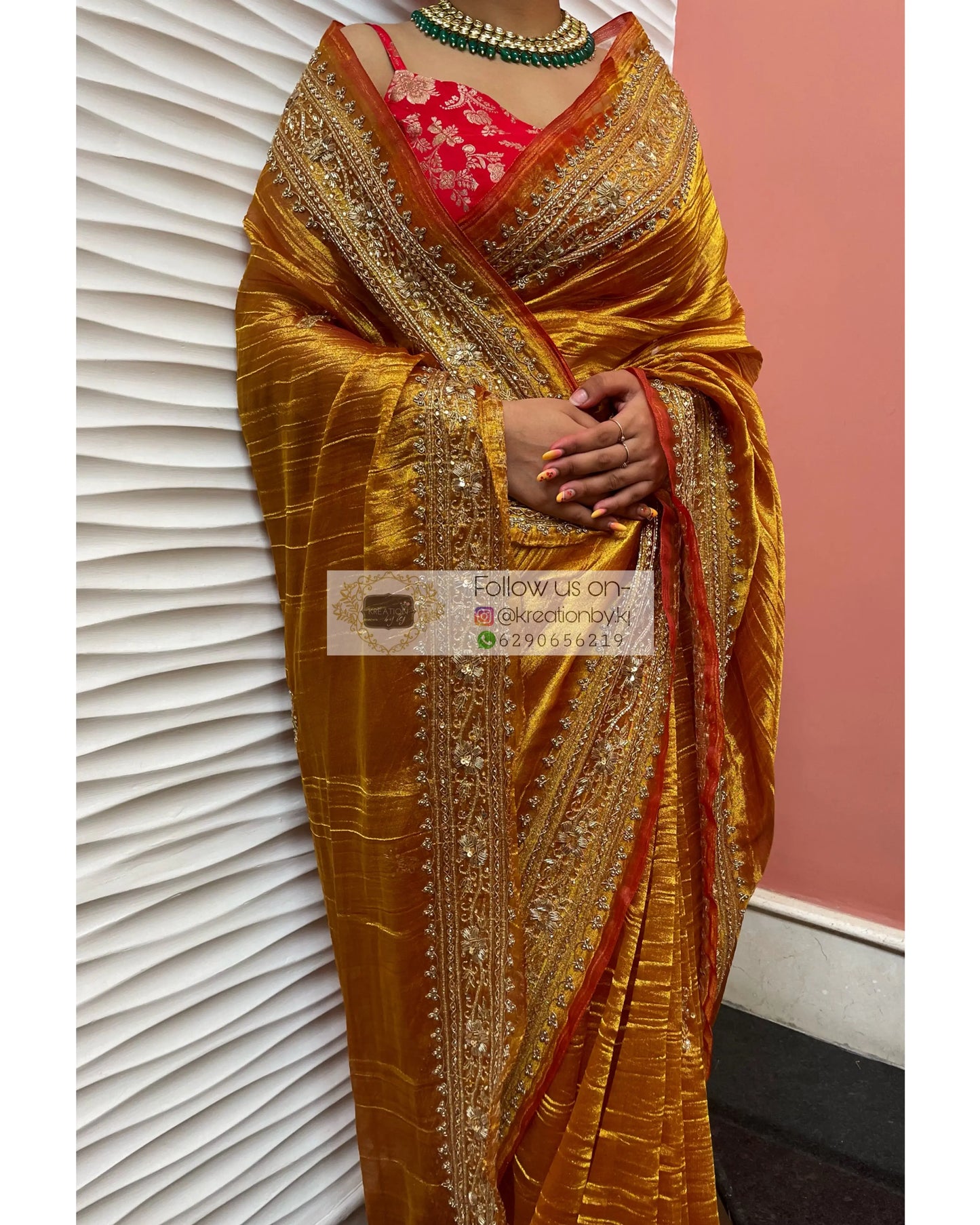 Fiery Gold Zari Tissue Zarina Saree kreationbykj