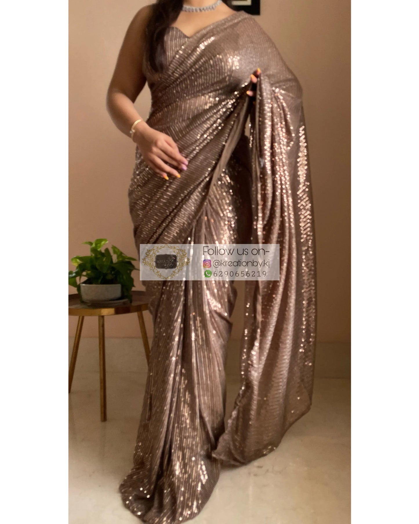 Chocolate Brown Sequins Saree kreationbykj