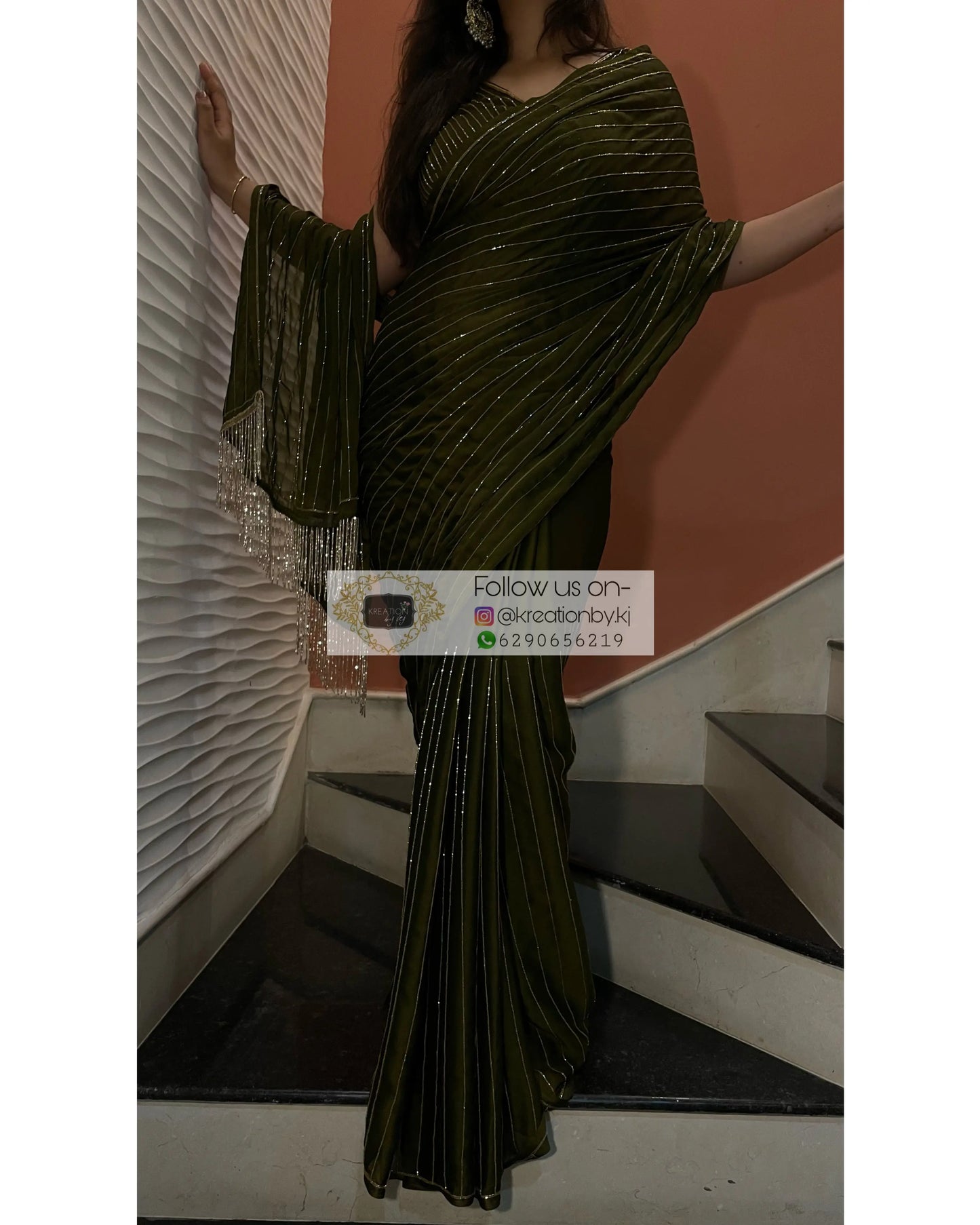 Olive Green Georgette Noorani Cocktail Saree kreationbykj