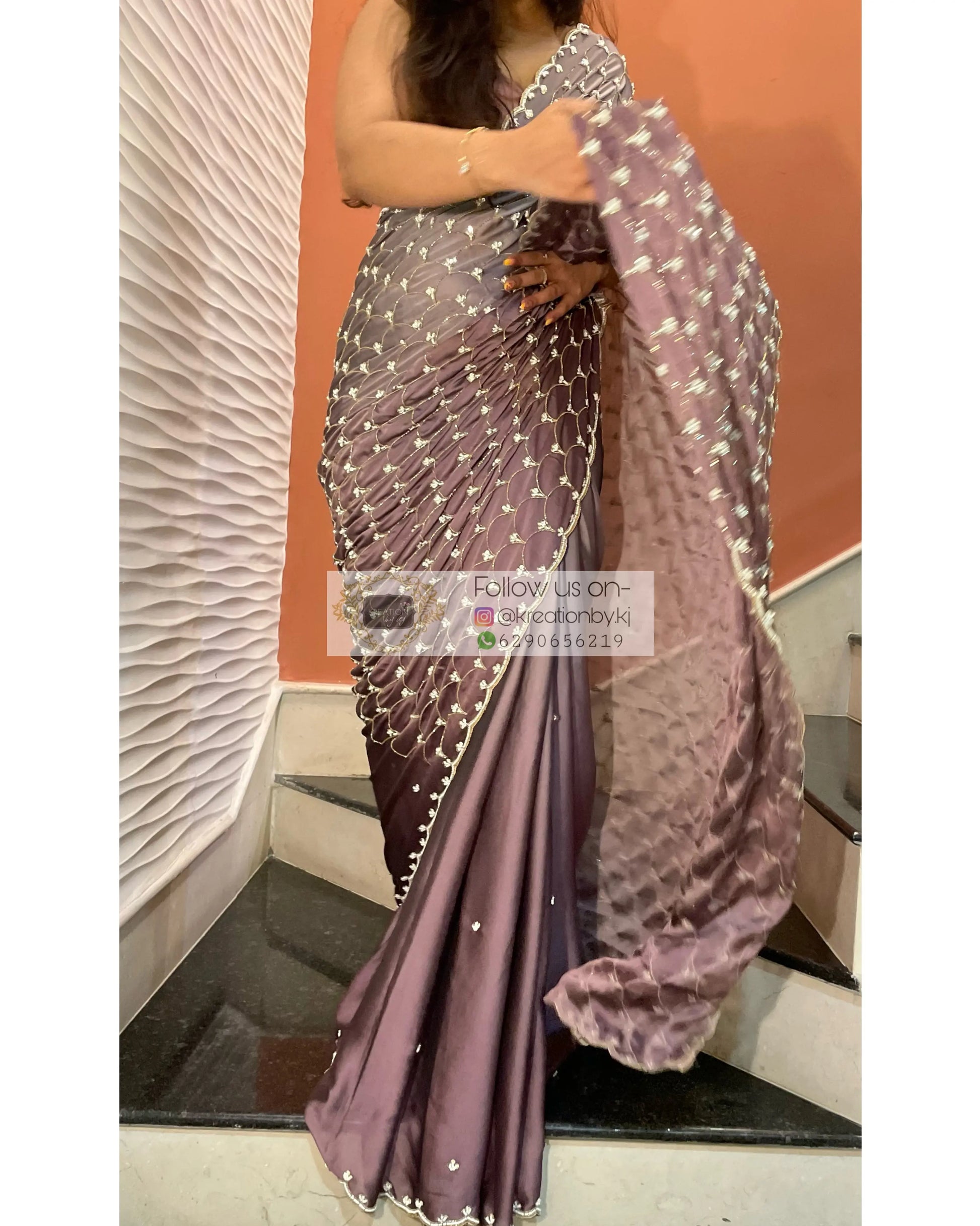 Grey- Mauve Ombré Cutdana Mehraab Jaal Cocktail Saree kreationbykj