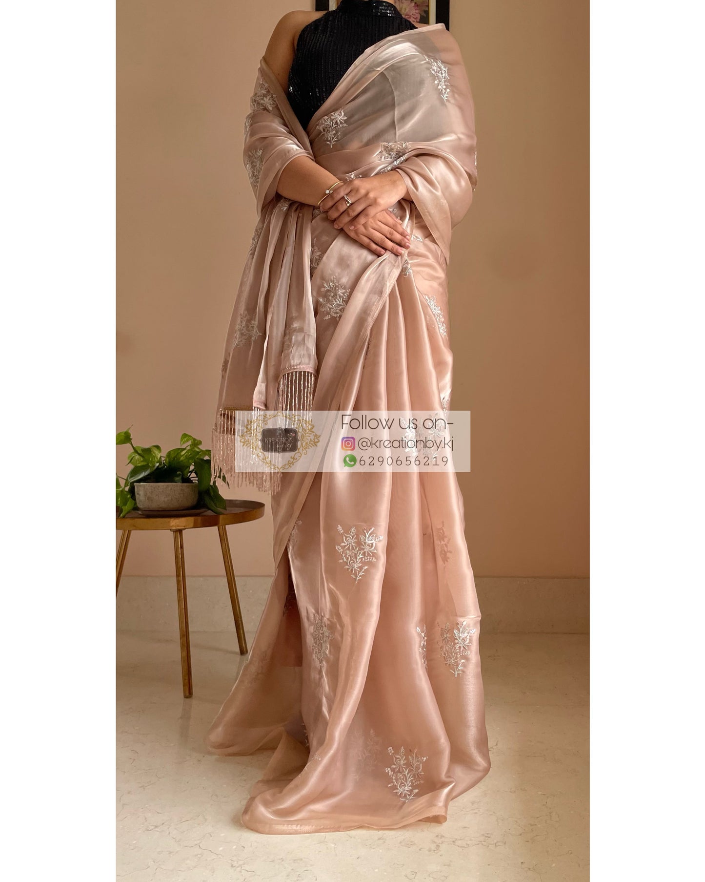 Beige Glass Organza Saree with Embroidery kreationbykj