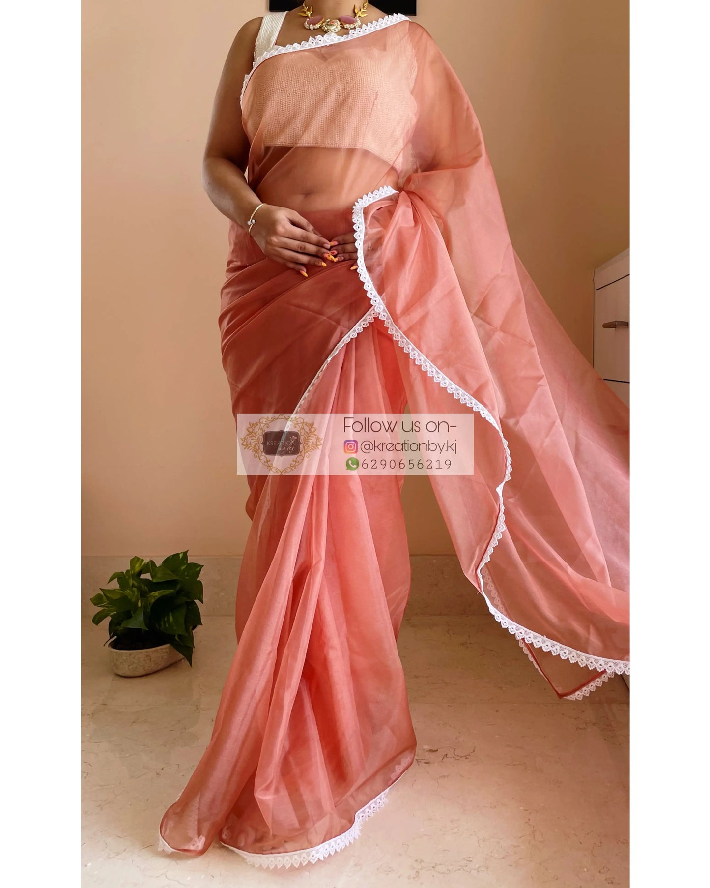 Rust Organza Saree with Pearl Blouse Piece kreationbykj