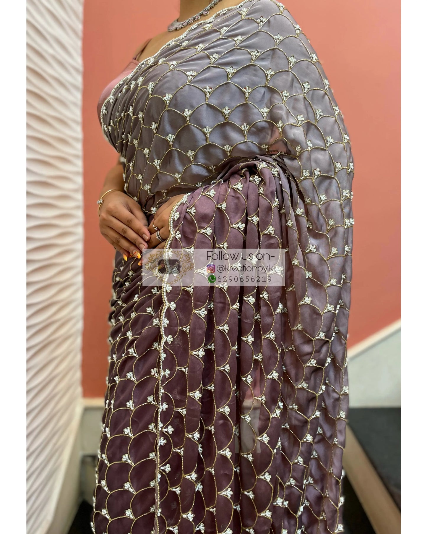 Grey- Mauve Ombré Cutdana Mehraab Jaal Cocktail Saree kreationbykj