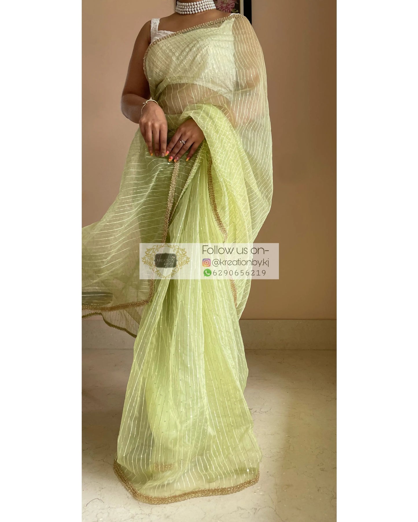 Green Organza Saree with Stripes kreationbykj