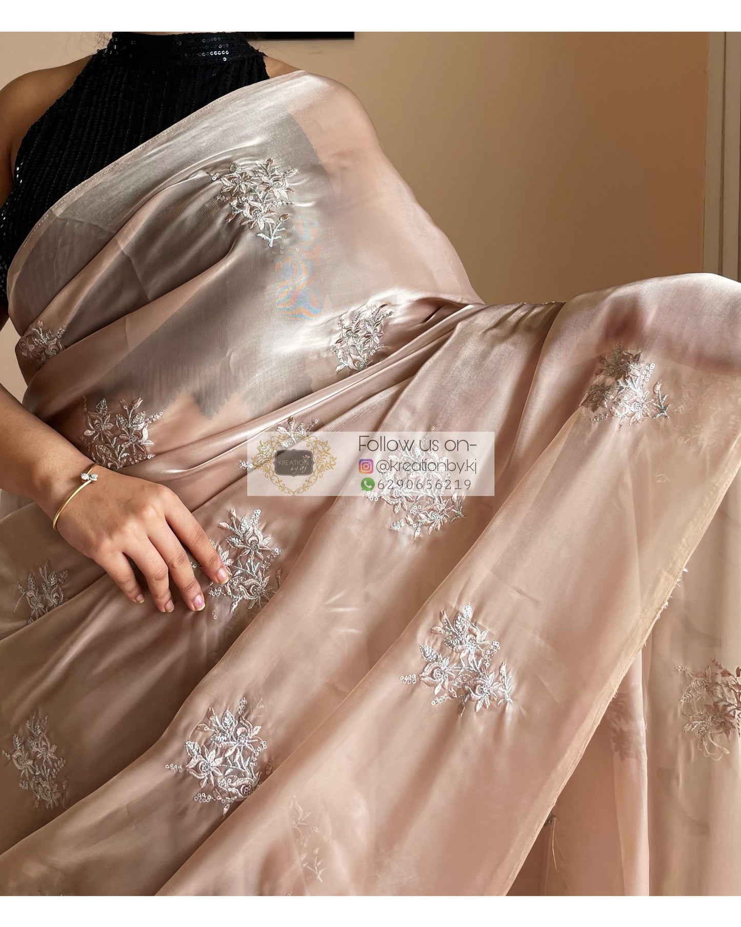 Beige Glass Organza Saree with Embroidery kreationbykj
