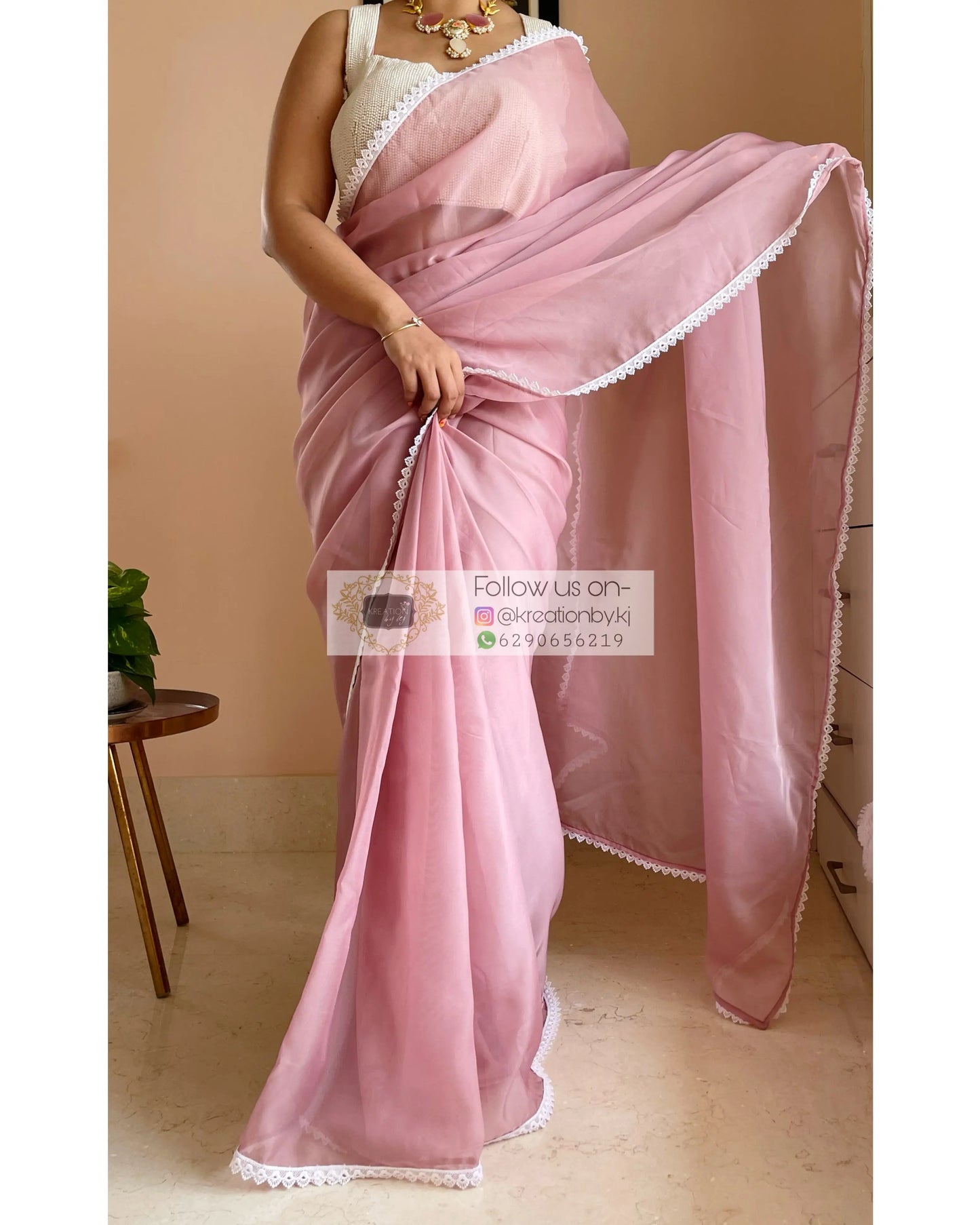 Mauve Organza Saree with Pearl Blouse Piec kreationbykj