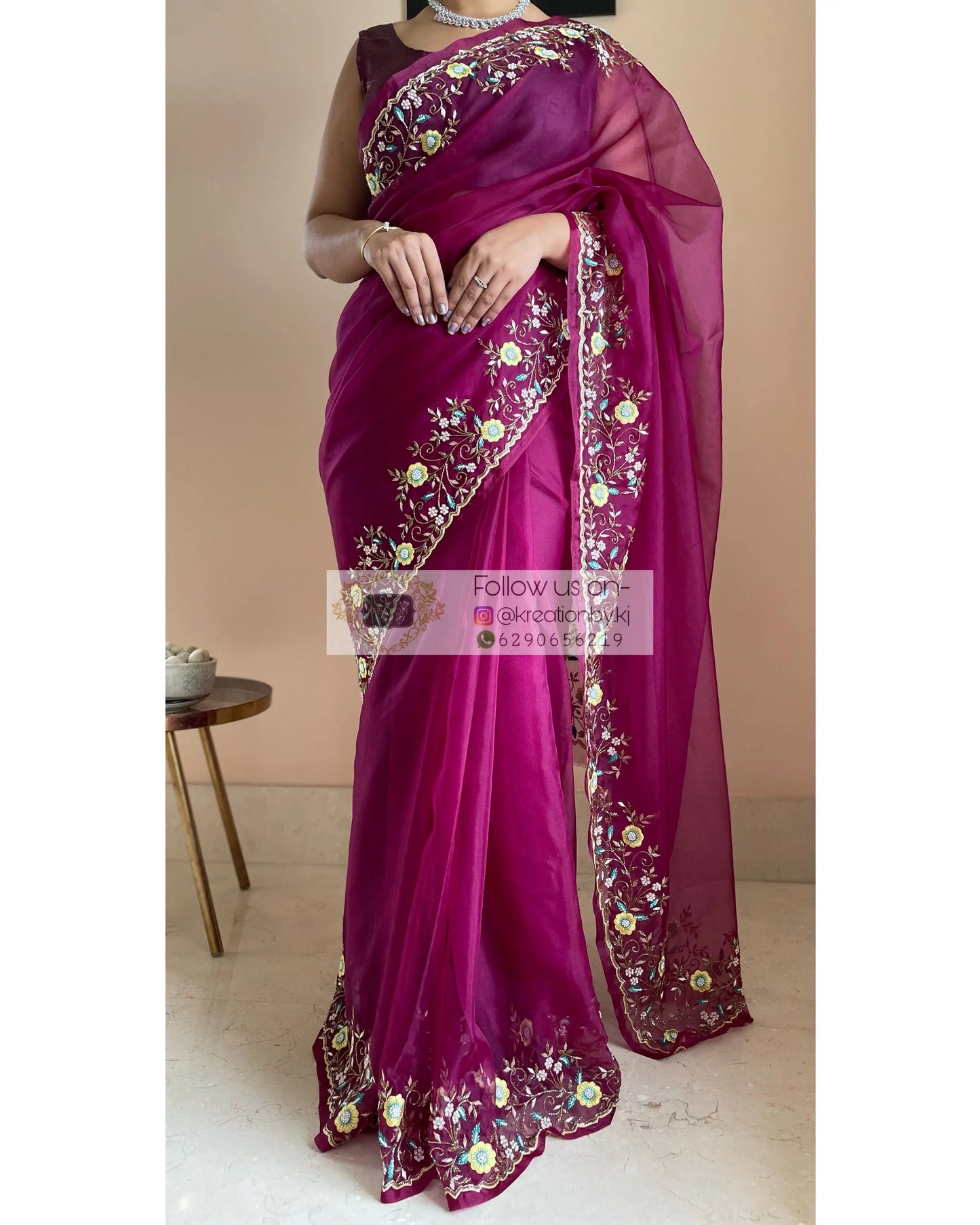 Pankhuri Wine Organza Saree - kreationbykj