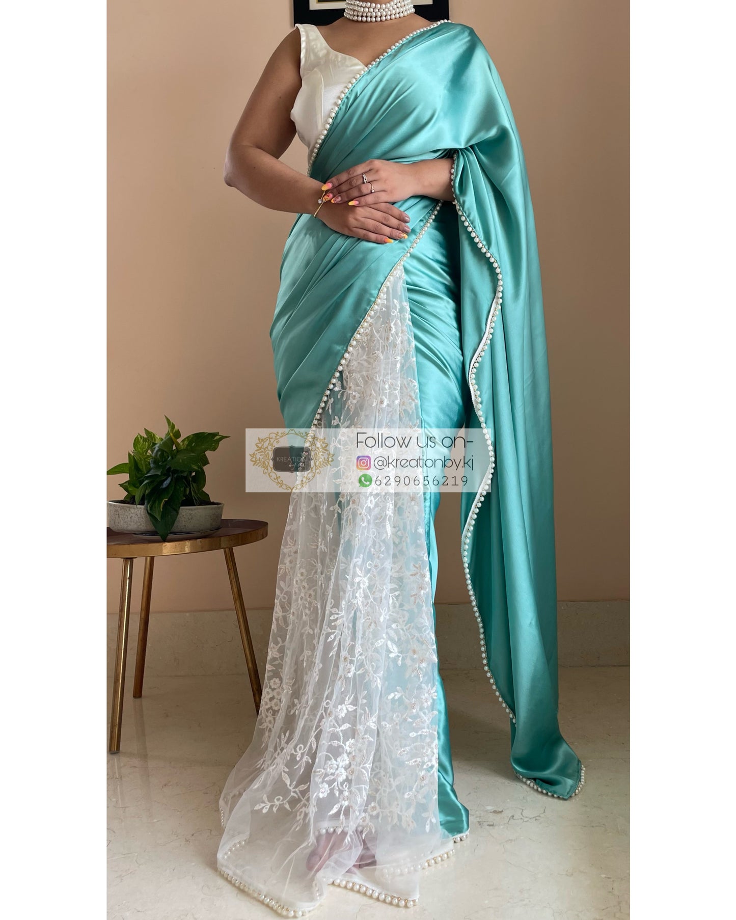 Turquoise Cherry Blossom Saree kreationbykj