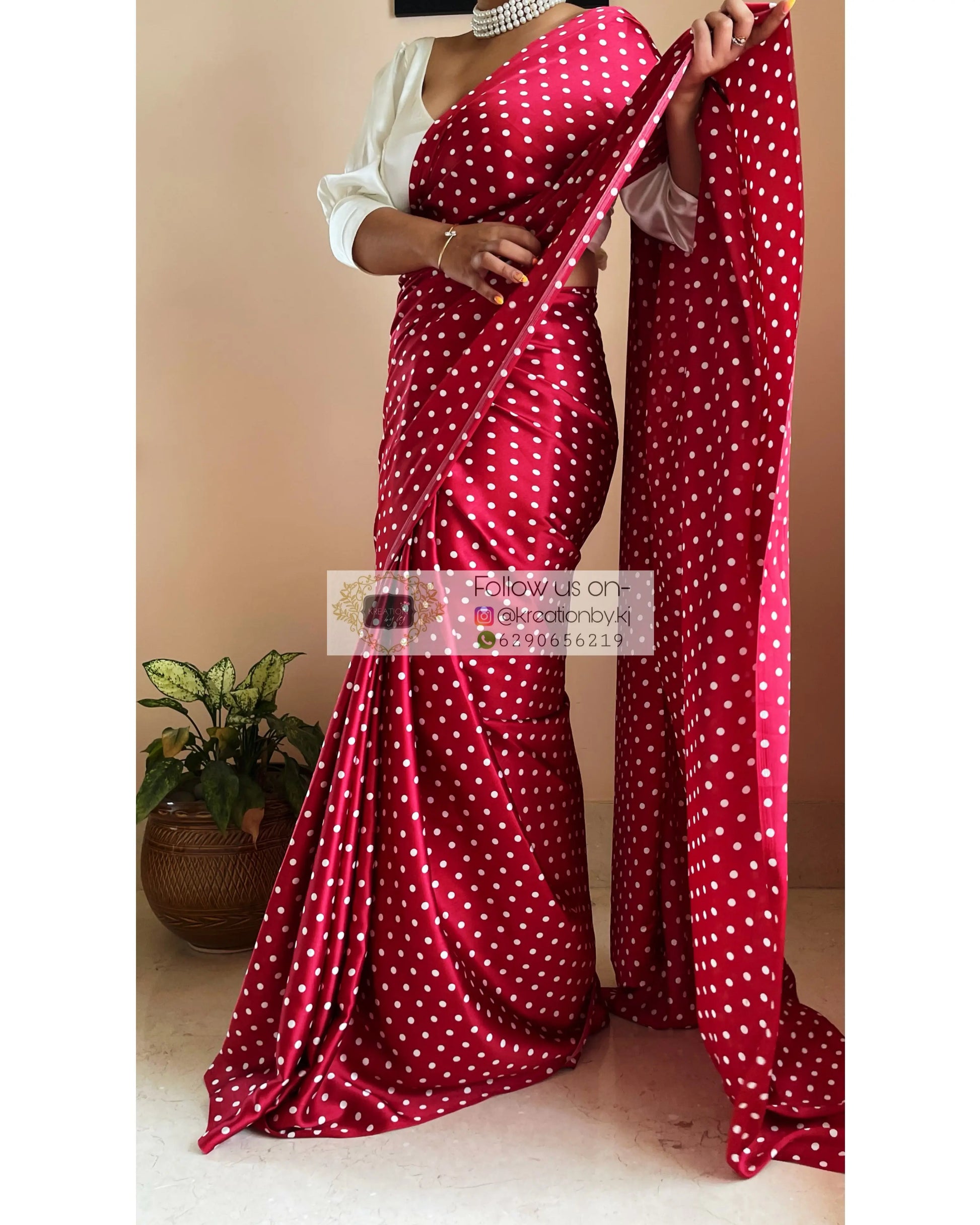 Maroon Polka Dot Satin Silk Saree kreationbykj