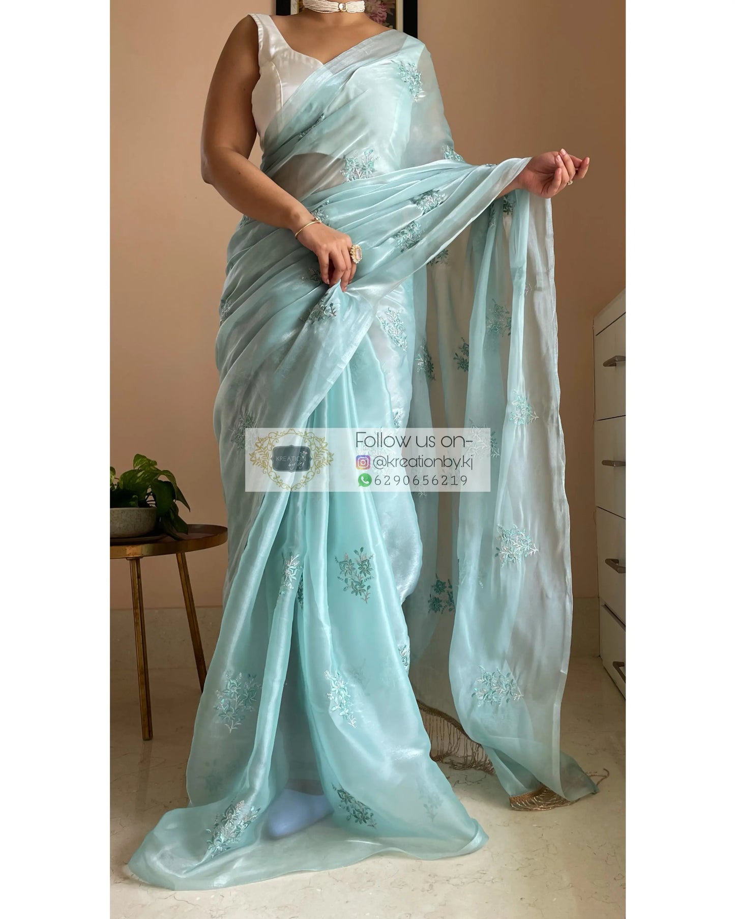 Blue Glass Organza Saree with Embroidery kreationbykj