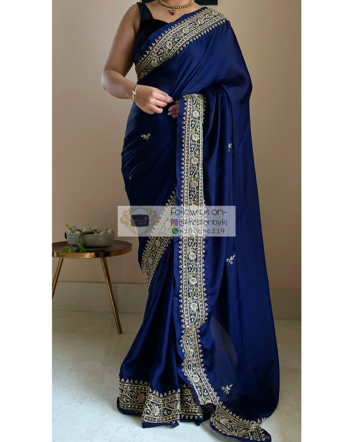 Navy Blue Crepe Silk Zarina Saree - kreationbykj