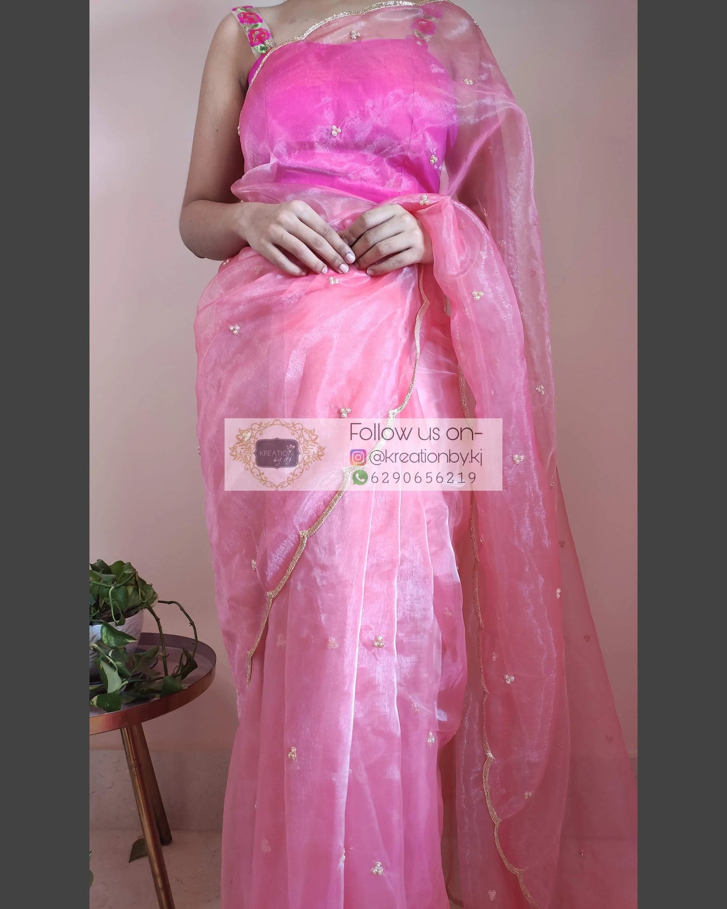 Peach Glass Tissue Saree with scalloping - kreationbykj