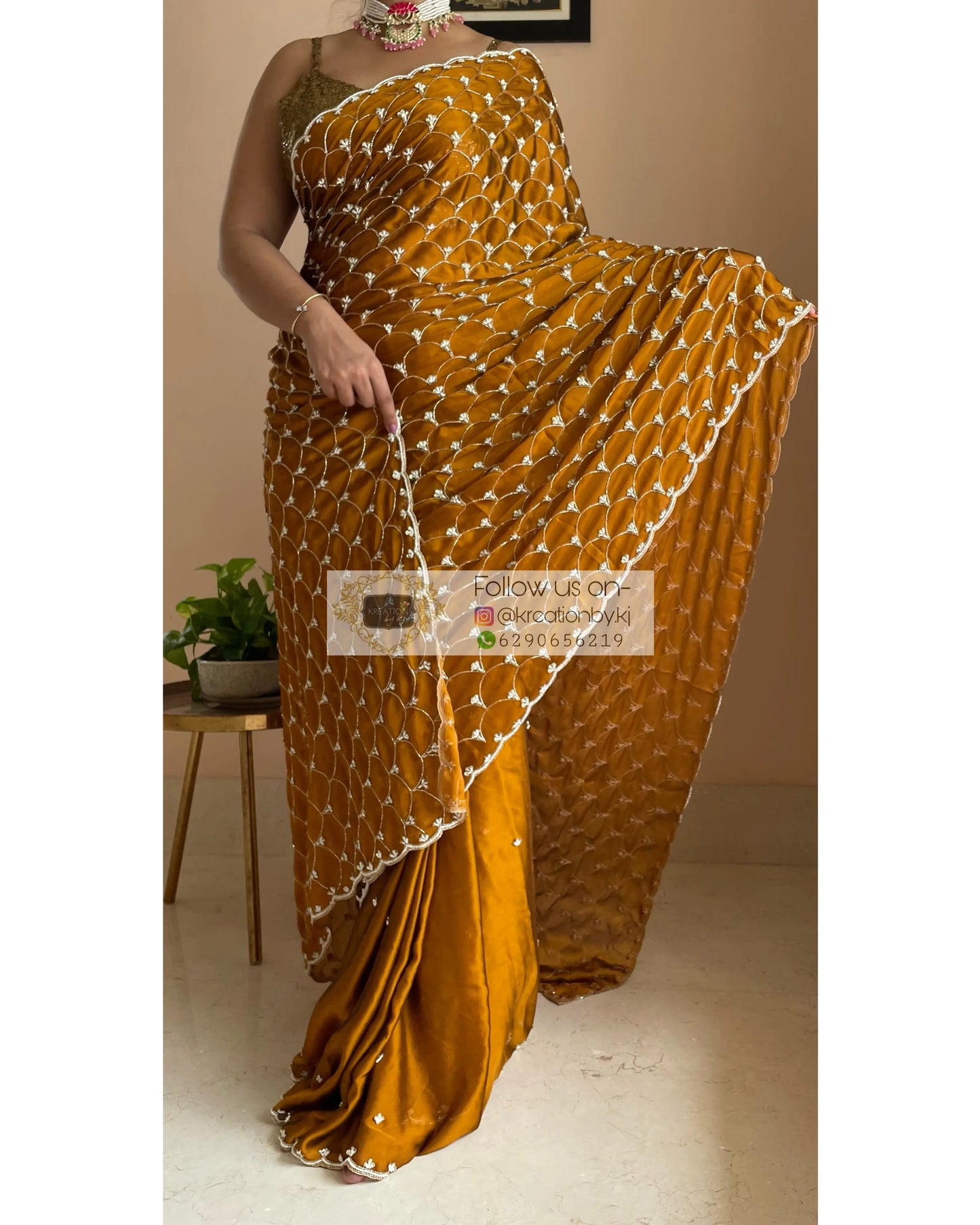 Mustard Golden Cutdana Mehraab Jaal Saree for Haldi kreationbykj