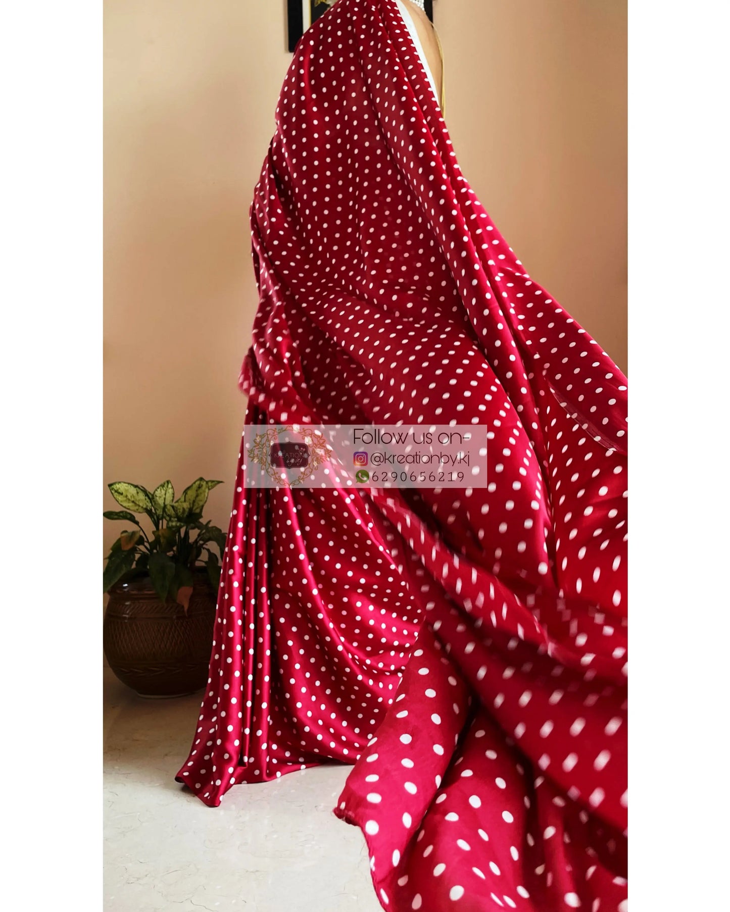 Maroon Polka Dot Satin Silk Saree kreationbykj