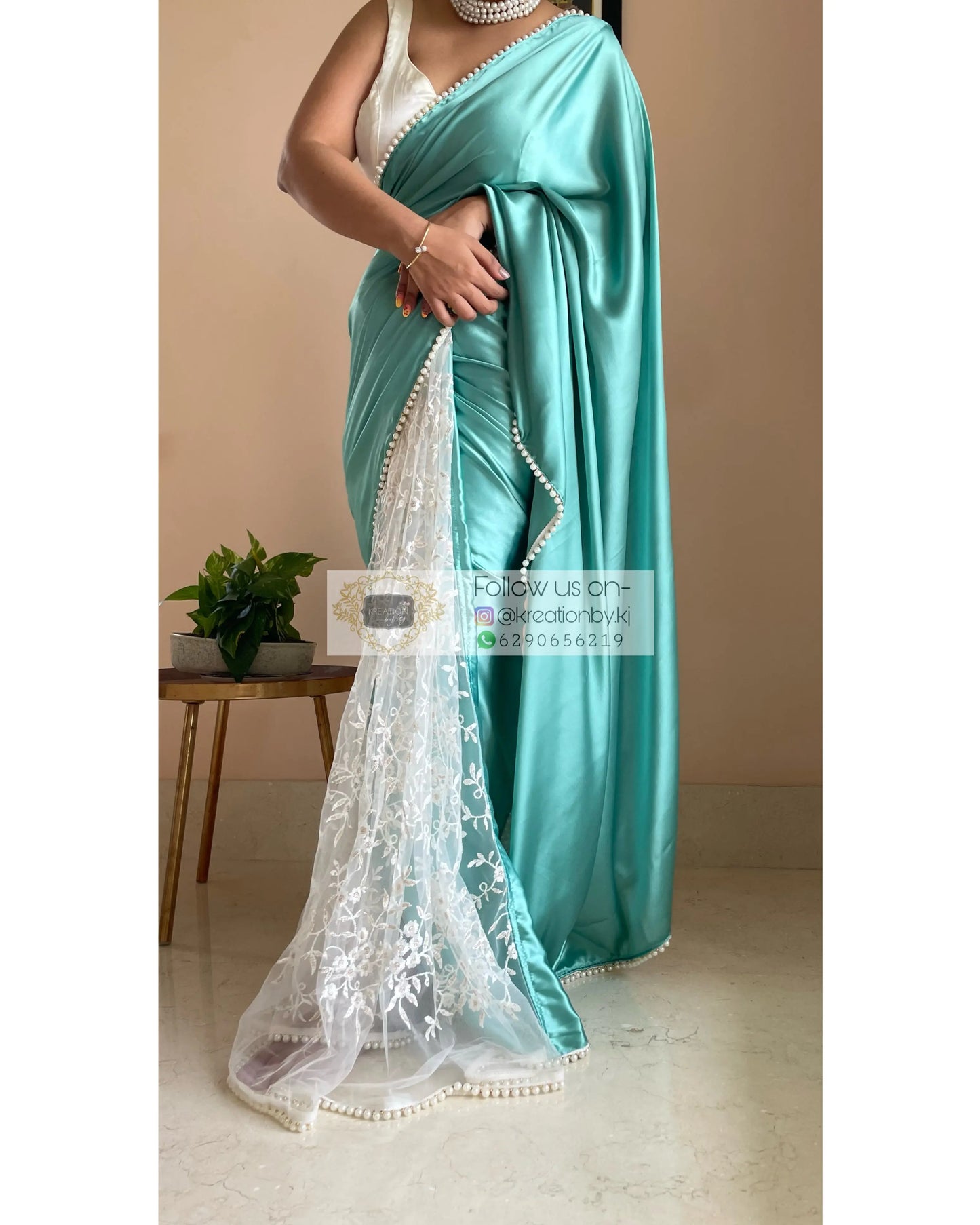 Turquoise Cherry Blossom Saree kreationbykj