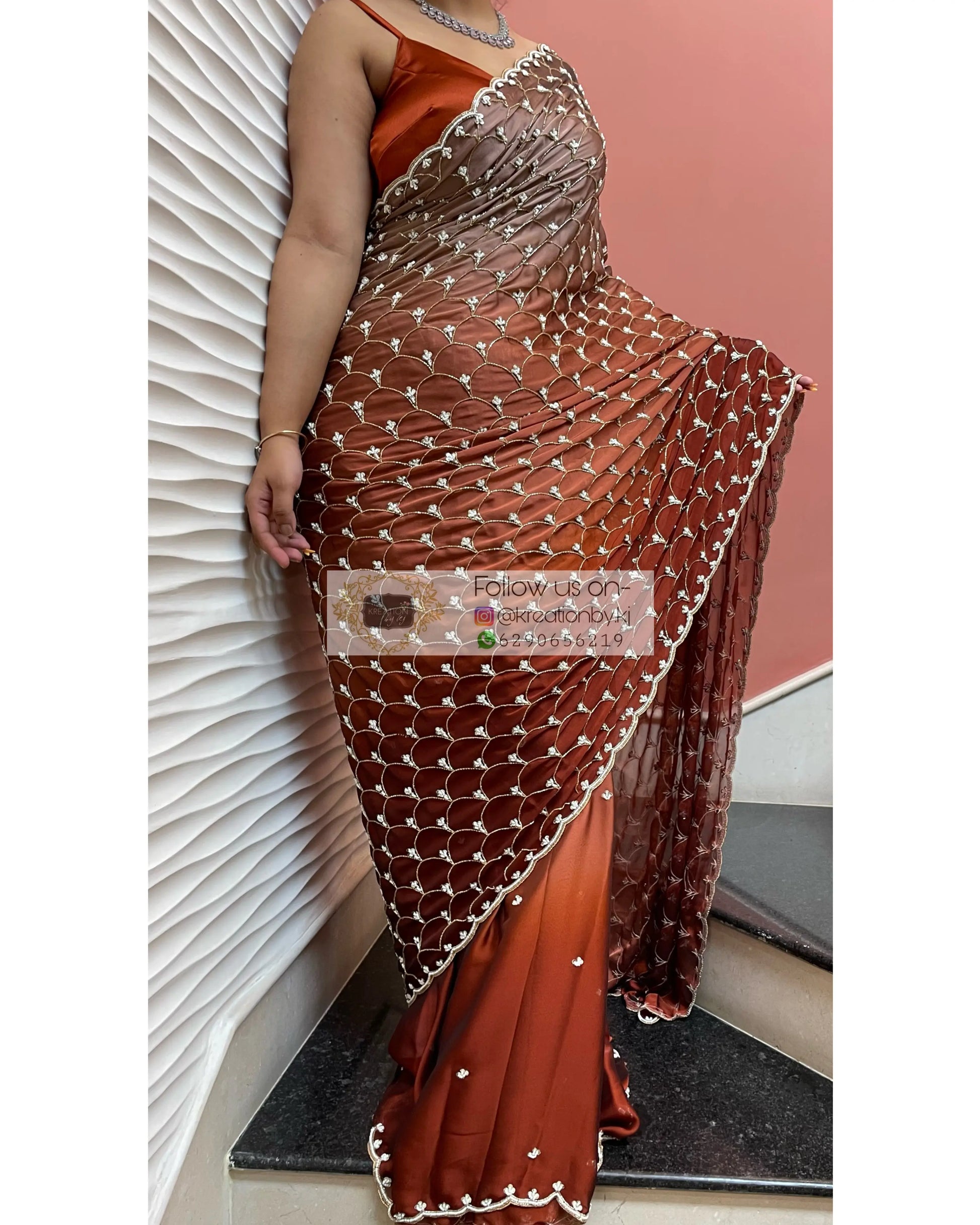 Espresso Martini Ombré Cutdana Mehraab Jaal  Designer Saree kreationbykj