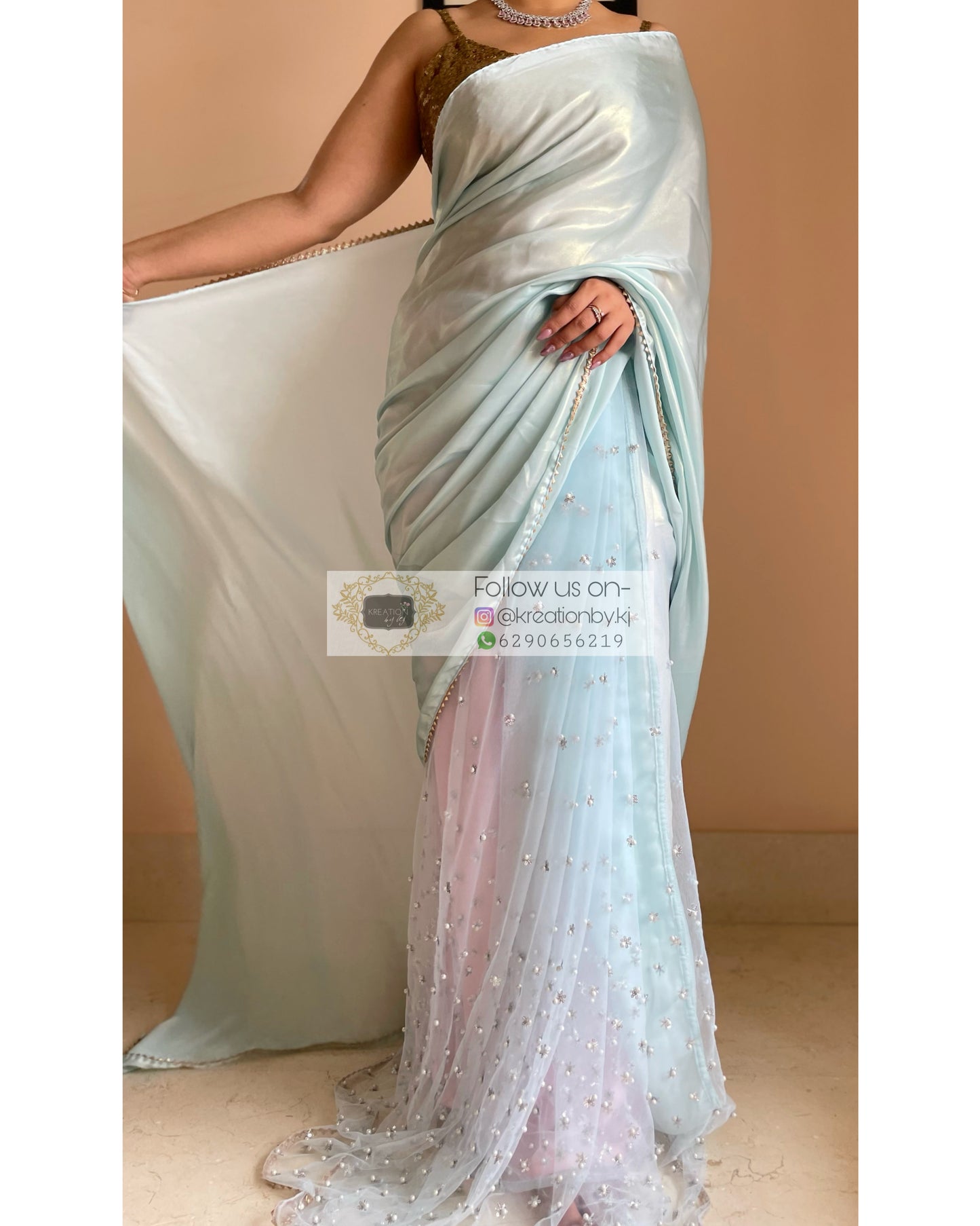 Ice Blue Shimmer Sequins Saree - kreationbykj
