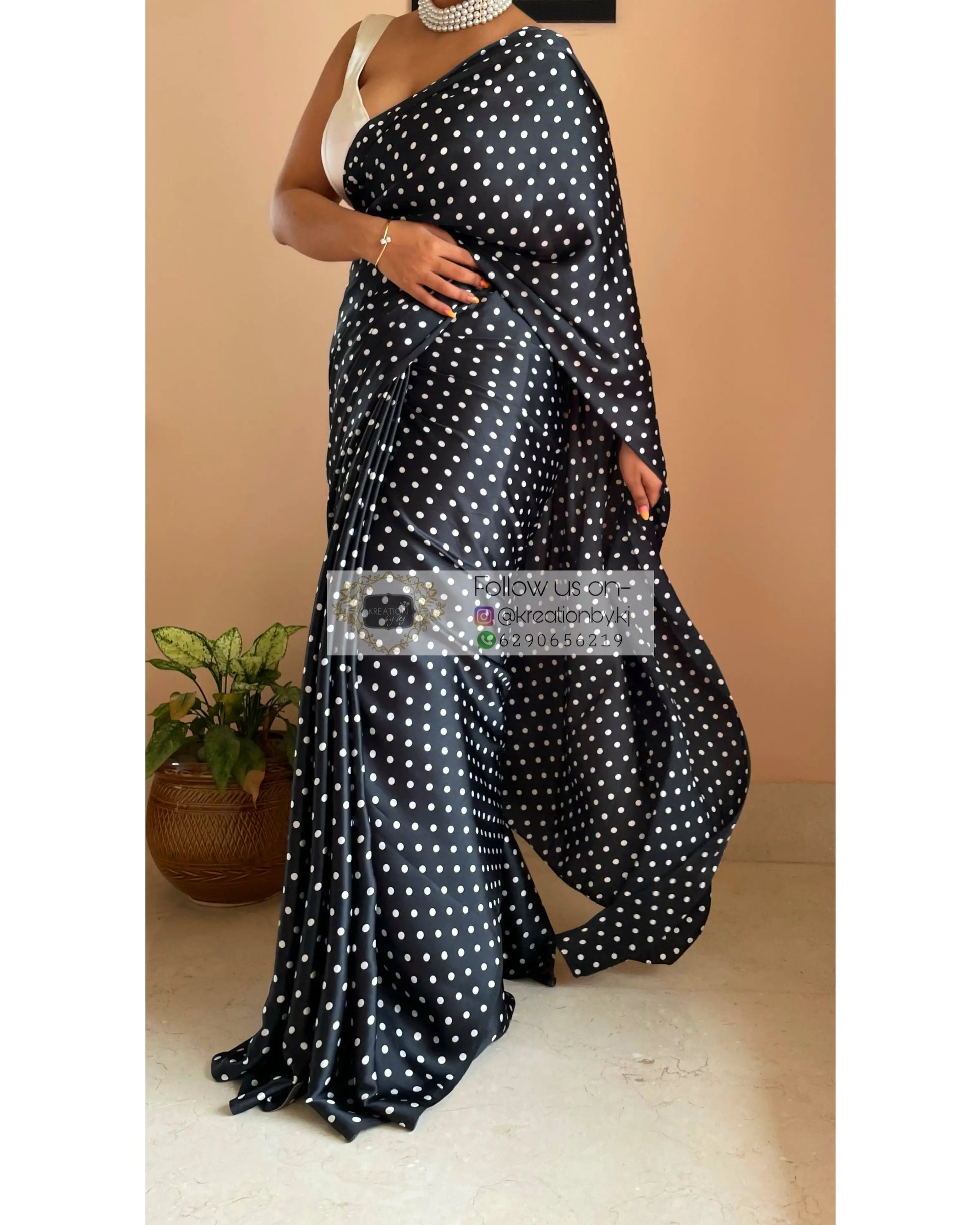 Black Polka Dot Satin Silk Saree kreationbykj