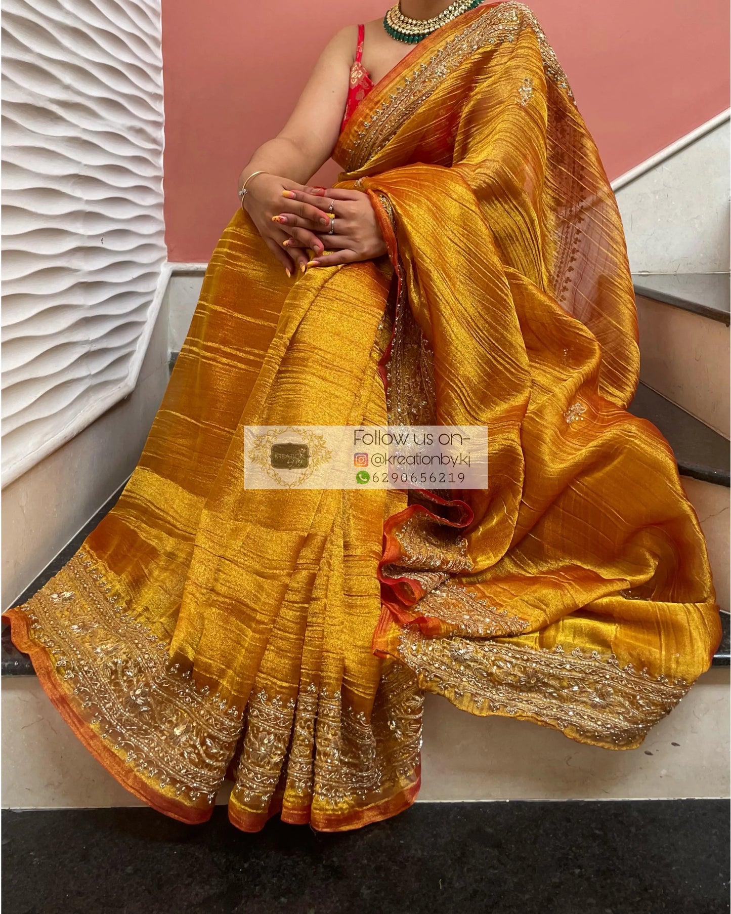 Fiery Gold Zari Tissue Zarina Saree kreationbykj