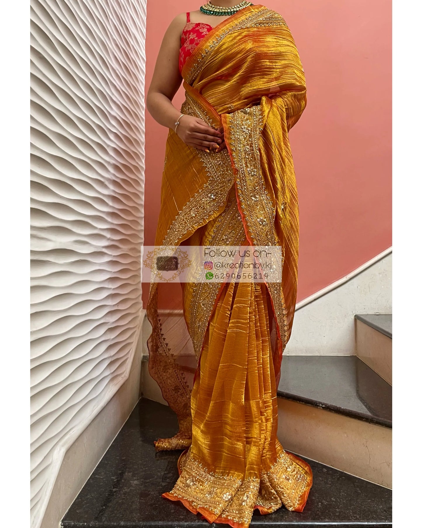 Fiery Gold Zari Tissue Zarina Saree kreationbykj