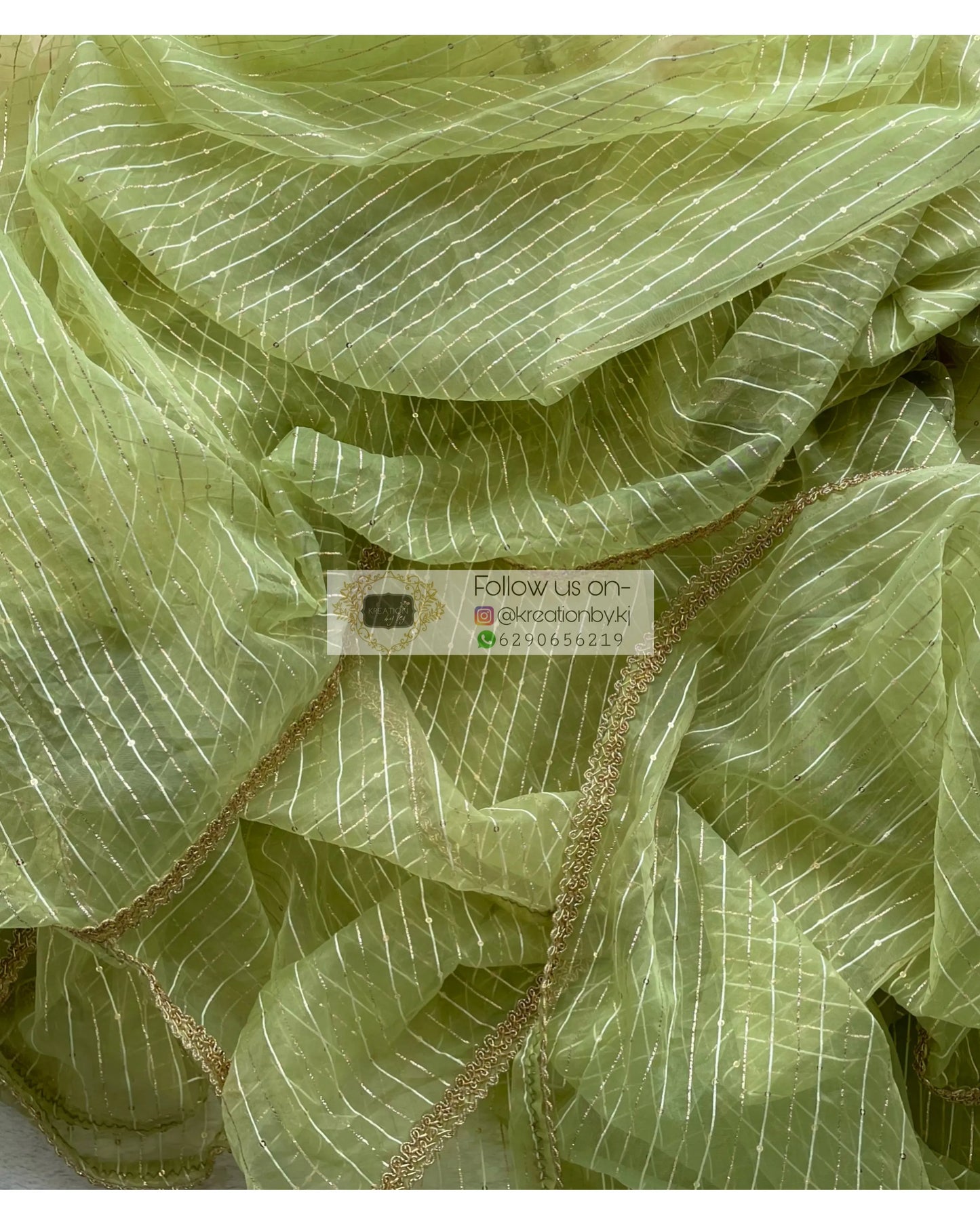Green Organza Saree with Stripes kreationbykj