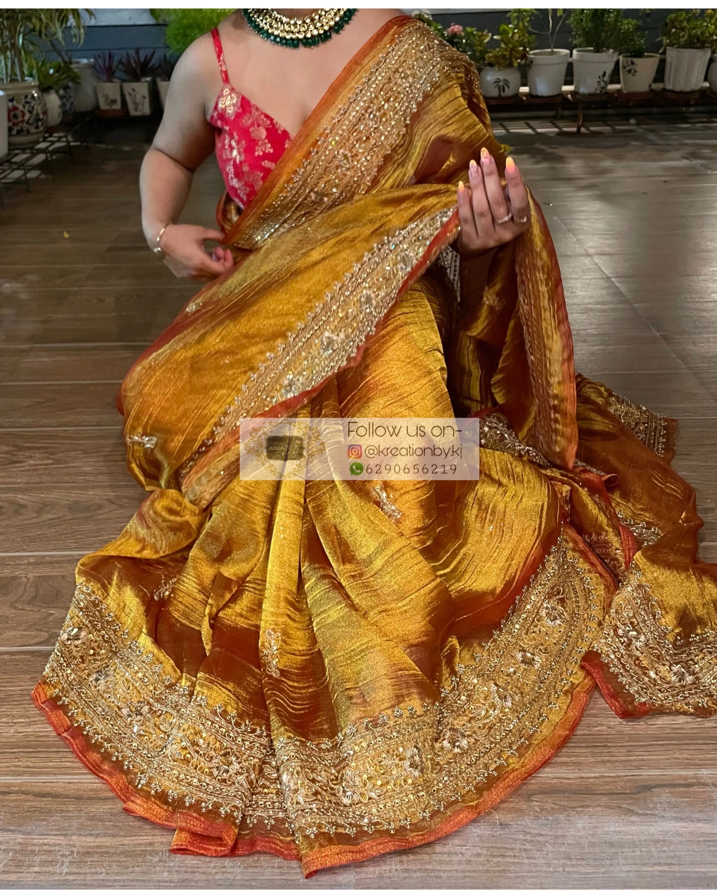 Fiery Gold Zari Tissue Zarina Saree kreationbykj