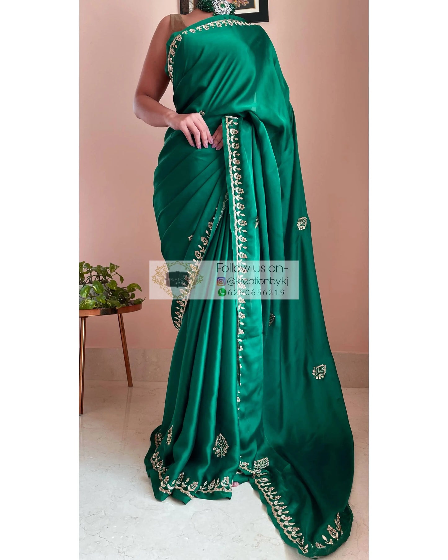 Green Satin Silk Saree with Gota Patti Border