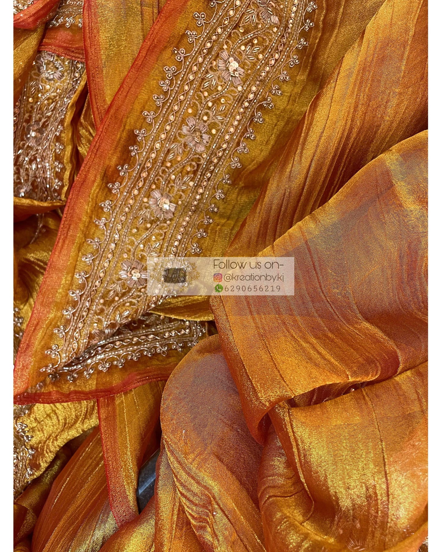 Fiery Gold Zari Tissue Zarina Saree kreationbykj