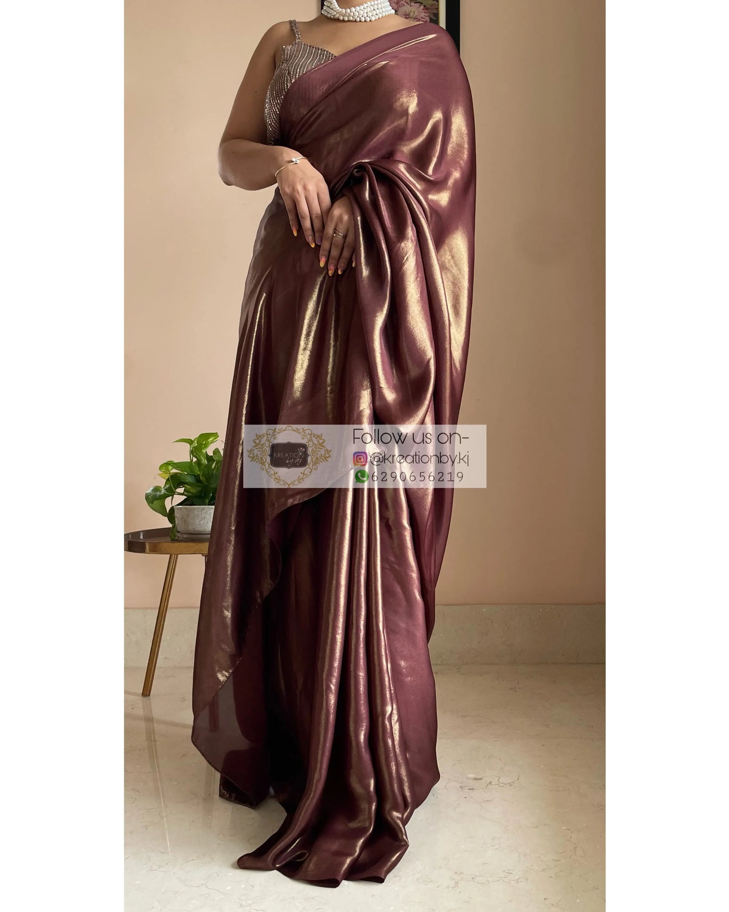 Molten Chocolate Brown Shimmer Satin Saree kreationbykj