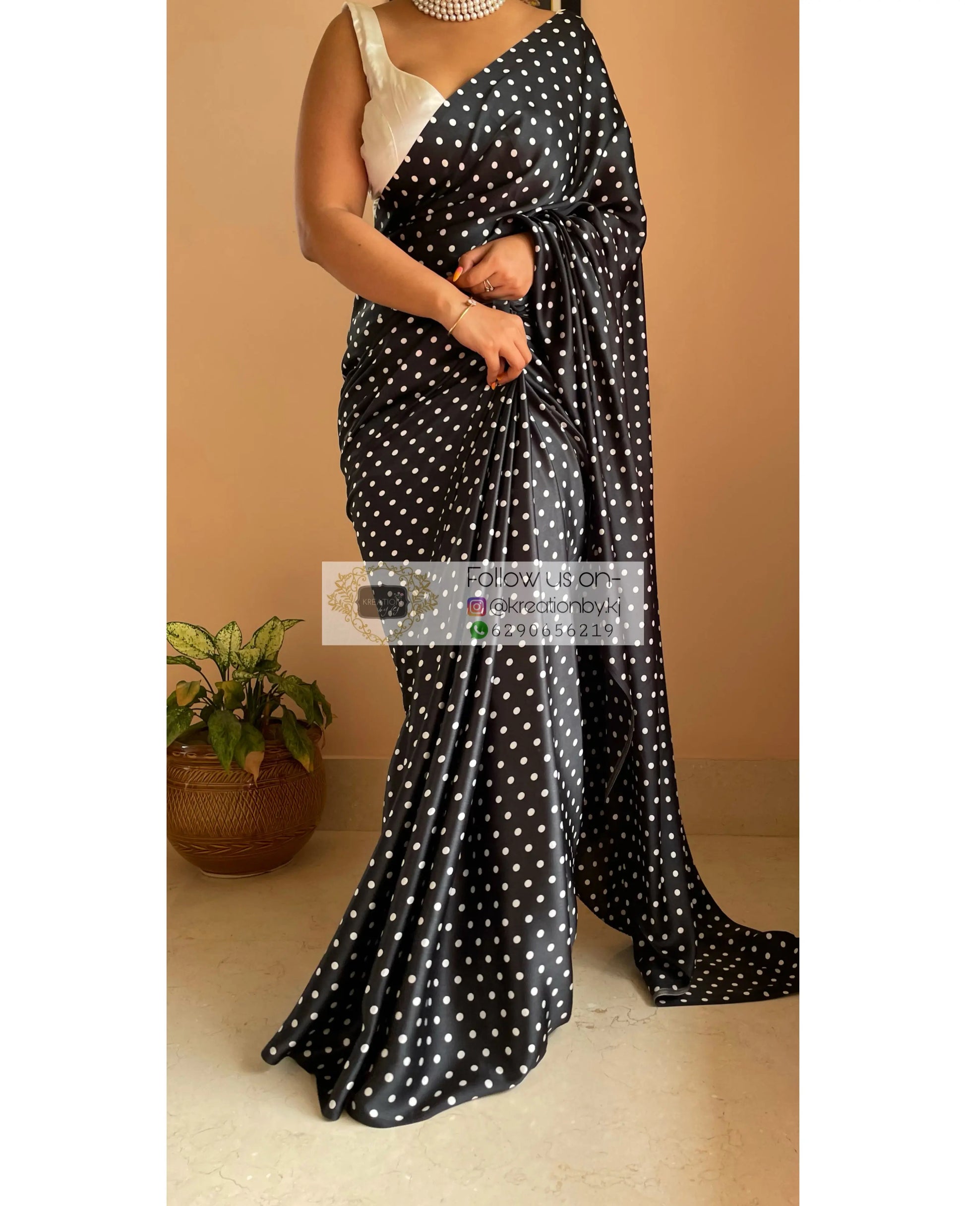 Black Polka Dot Satin Silk Saree kreationbykj