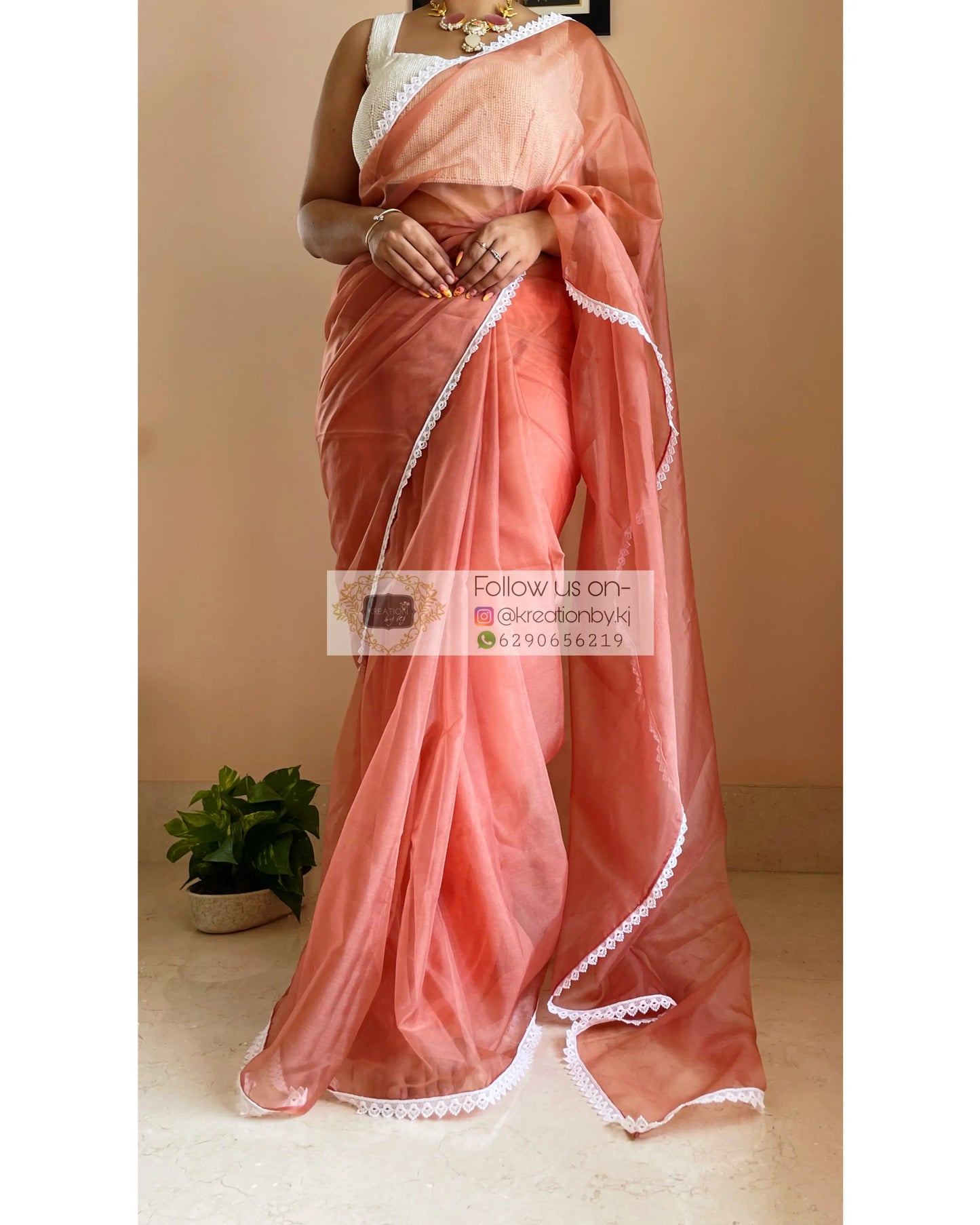 Rust Organza Saree with Pearl Blouse Piece kreationbykj