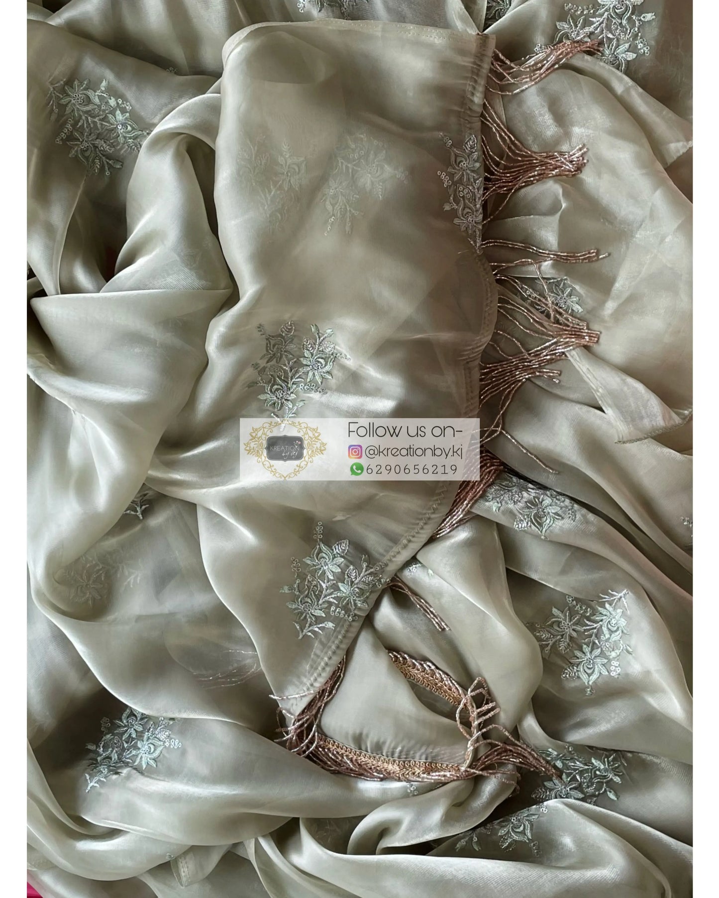 Ash Green Glass Organza Saree with Embroidery kreationbykj