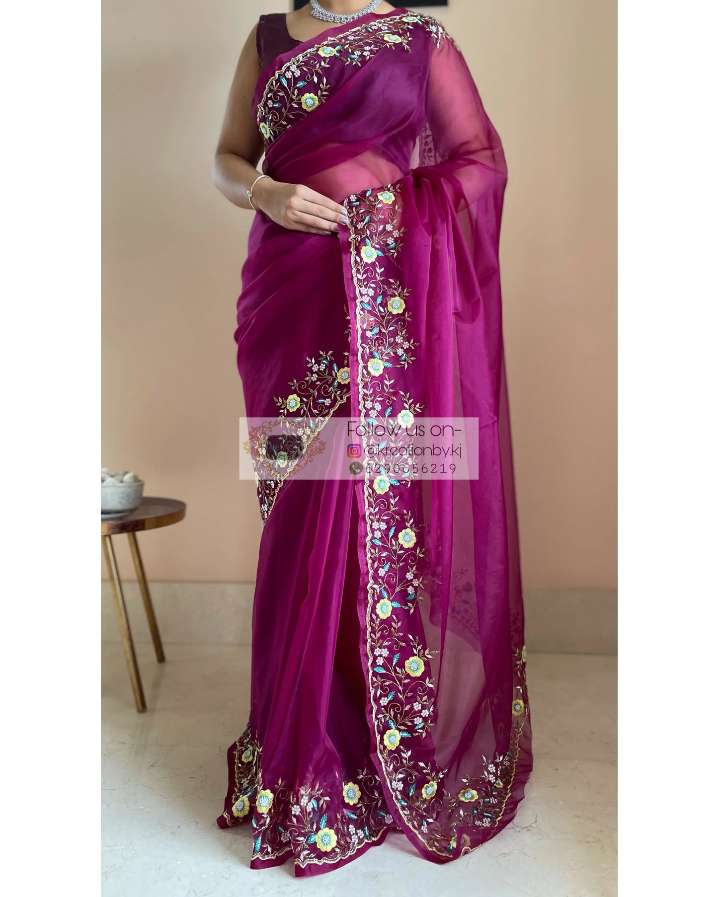 Pankhuri Wine Organza Saree - kreationbykj