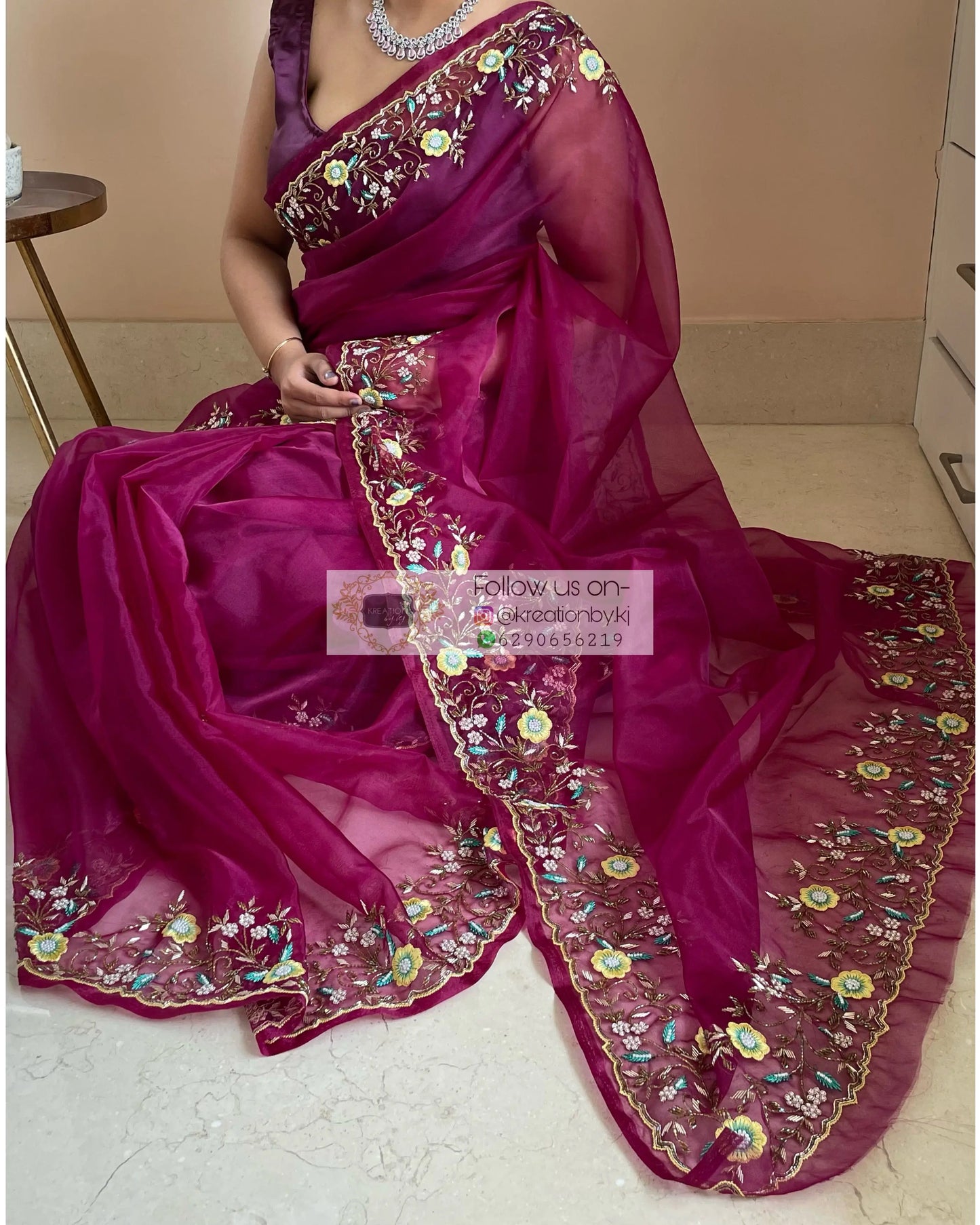 Pankhuri Wine Organza Saree - kreationbykj